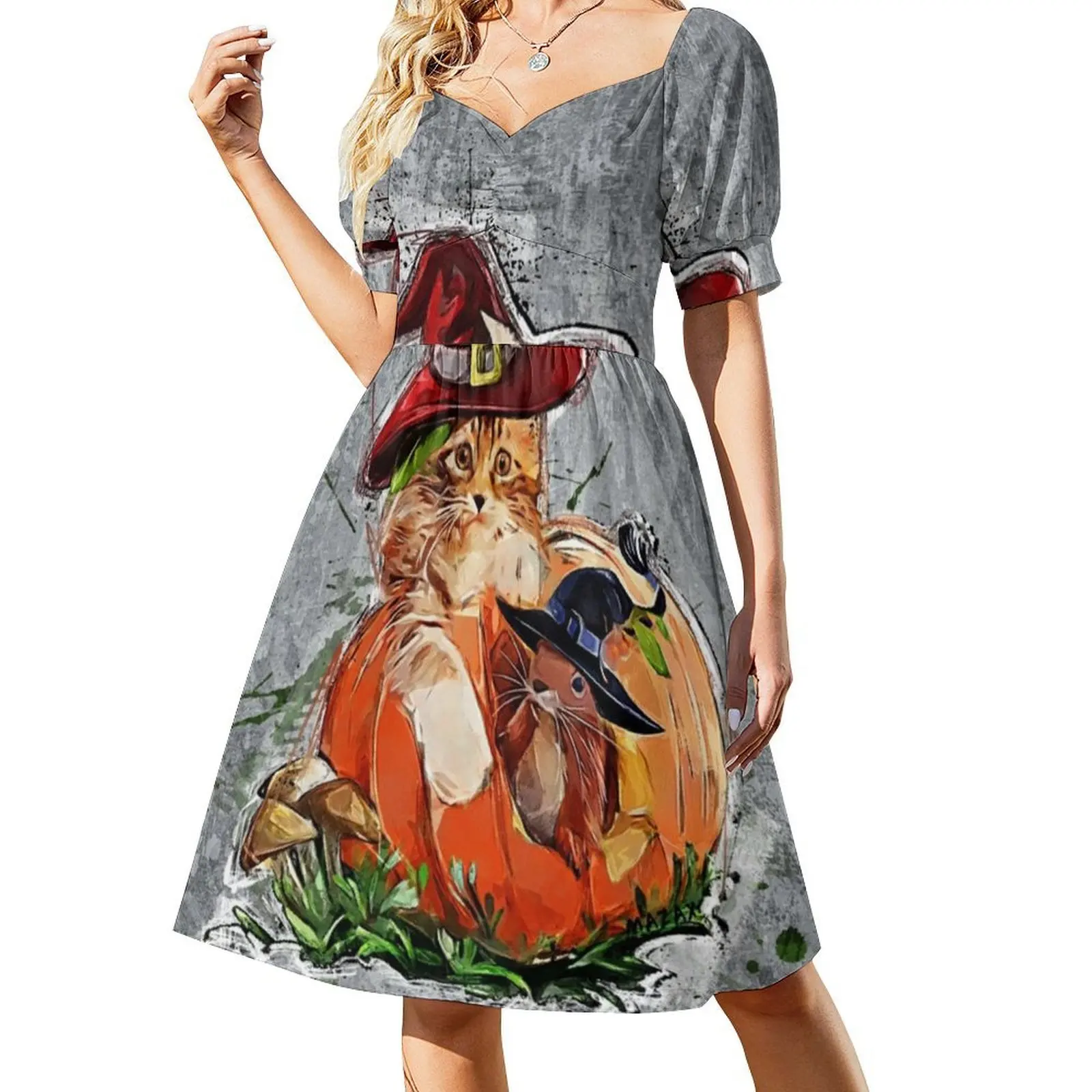 فستان ساحرة صغيرة على شكل قطة وسنجاب في فستان بوهيمي لطيف بدون أكمام للنساء مطبوع عليه فساتين حفلات الشاطئ Mazax Art Cat