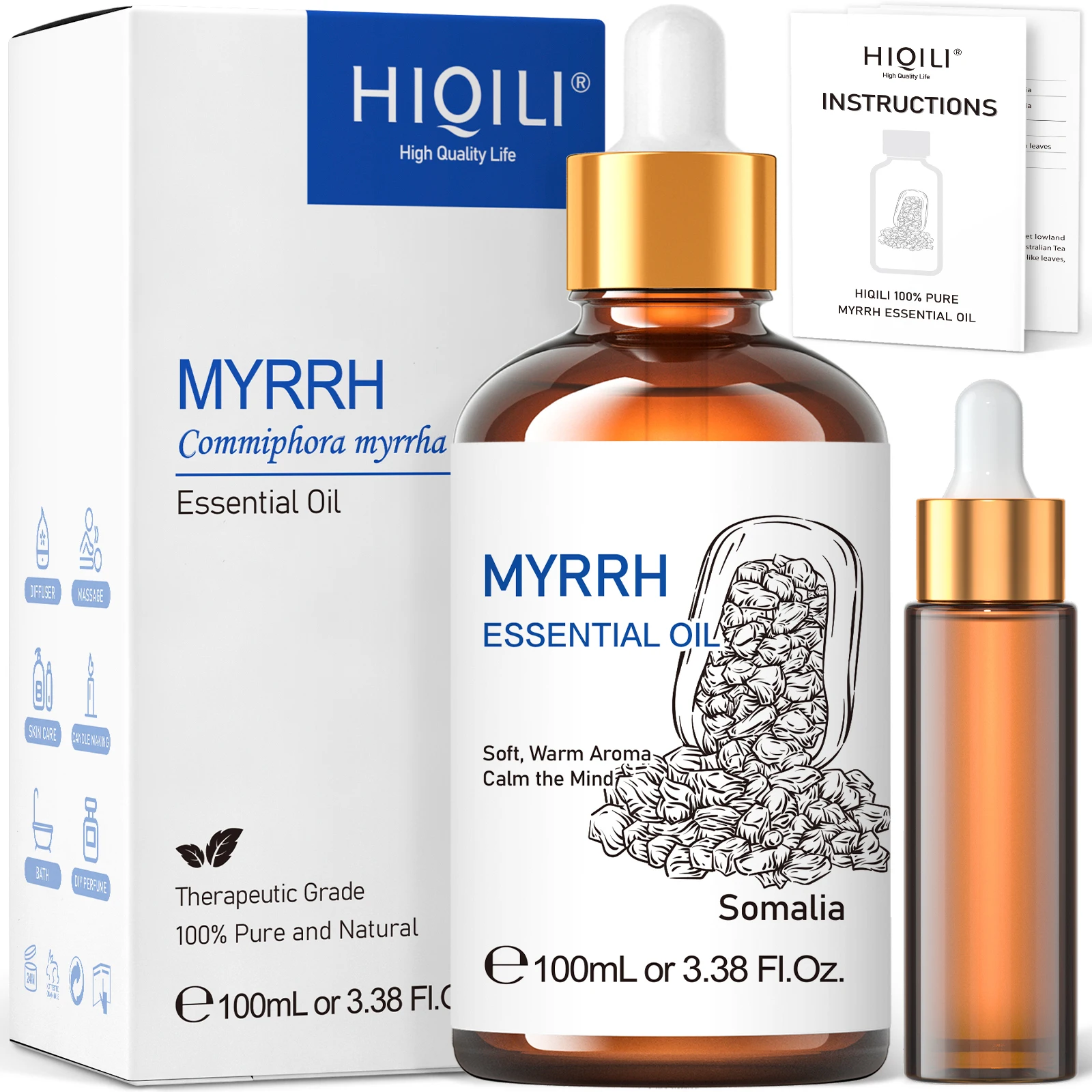 HIQILI 100ML Myrrh Essential Oils,100% Pure Nature for Aromatherapy, Diffuser, Humidifier, Massage, Relieving Stress, Fragrance