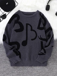 New Popular Autumn and Winter Letter Note Jacquard Pattern Pullover Sweater Casual Round Neck Contrast Color Knitted Men's Pullover