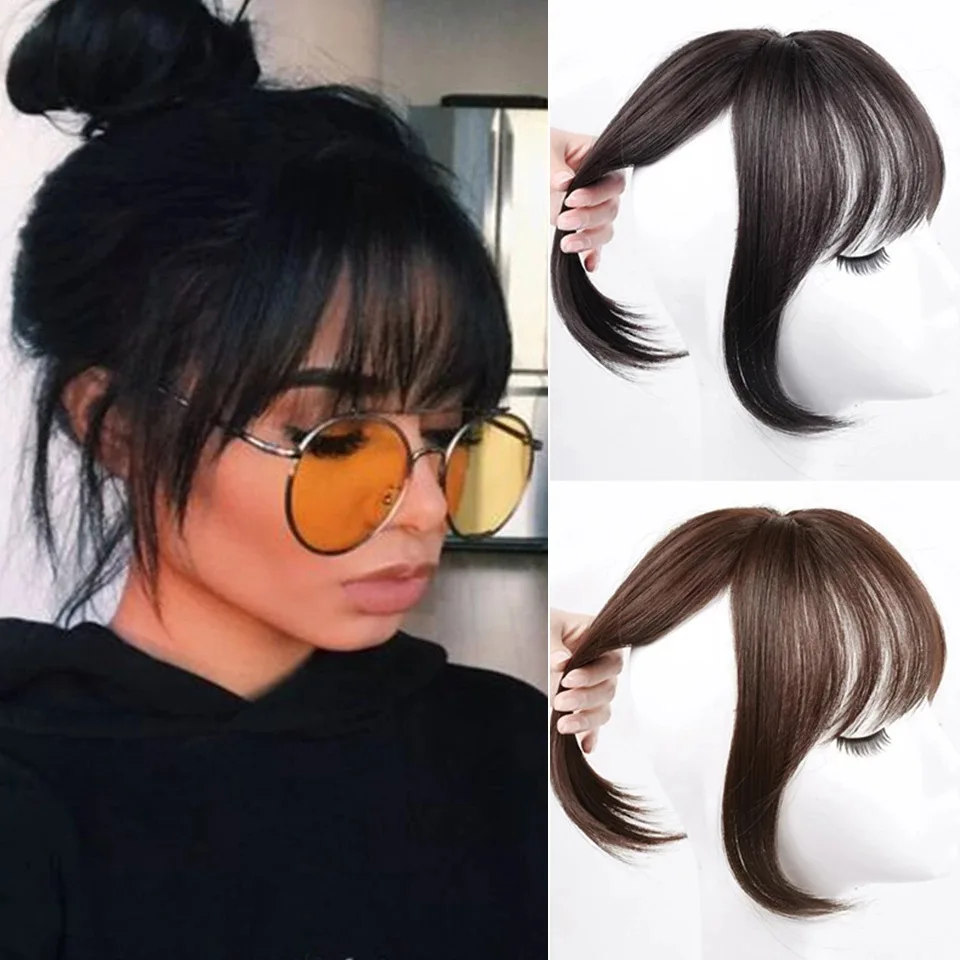 

Brown Black Synthetic 3D French Air Bags Fake Topper Of The Head Replacement Natural Fluffy Bangs For Women's Clip Hairpiece