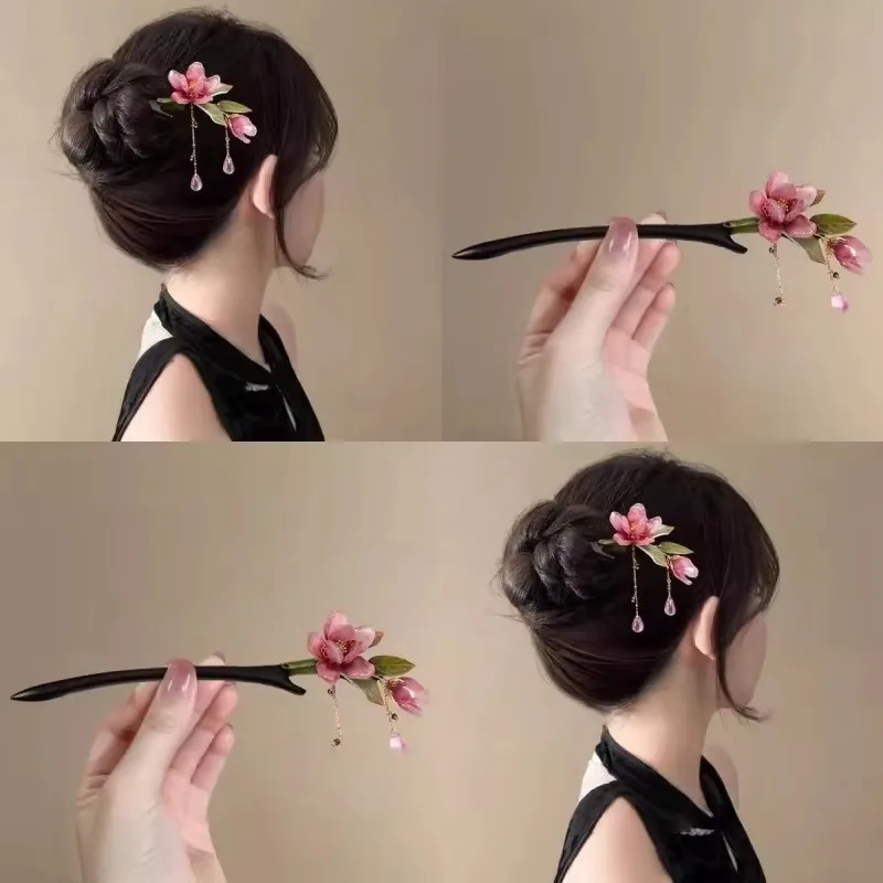 Chinese Floral Hair Stick Wooden Tassel Hairpin Chopstick Vintage Wedding Hanfu Hair Accessories Retro Cheongsam Decor Headwear image 2