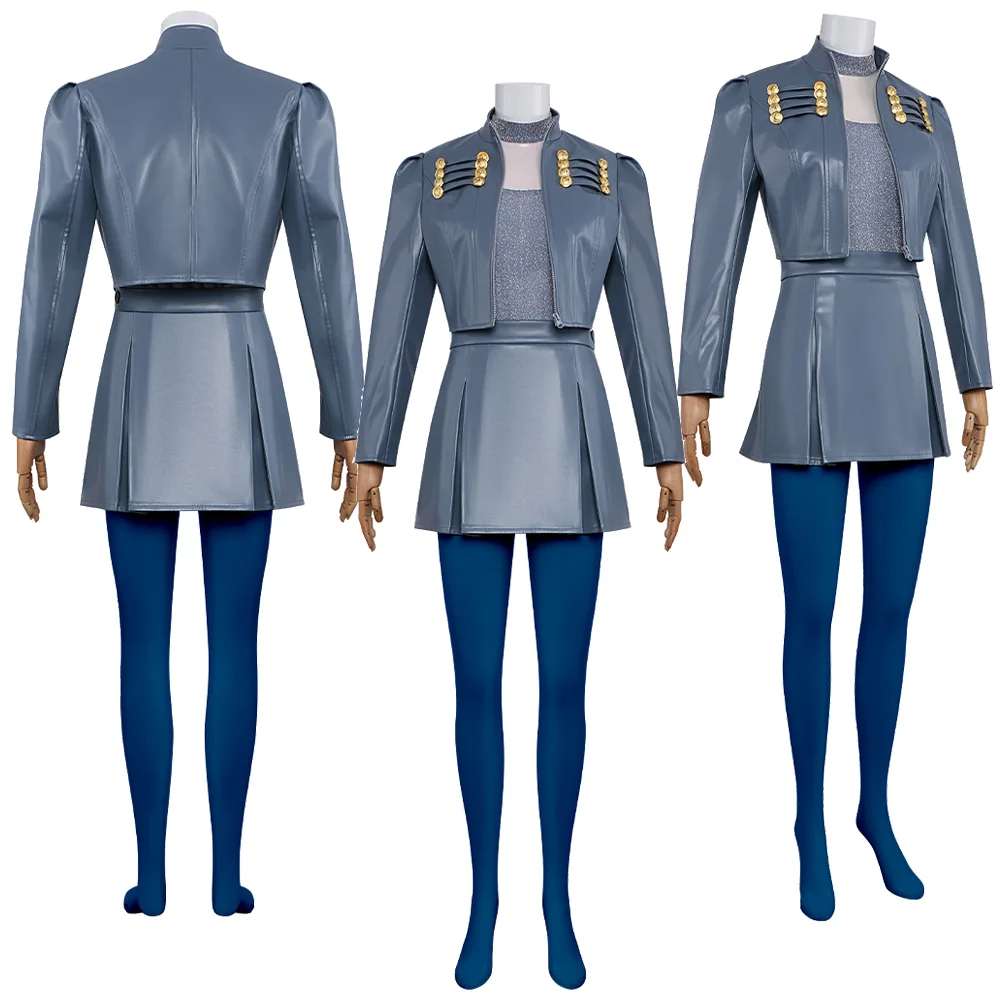 Chloe Charming Cosplay Costume Blue Gray Cropped Stand Collar Jacket Pleated Leather Mini Skirt Solid Tights Halloween Disguise