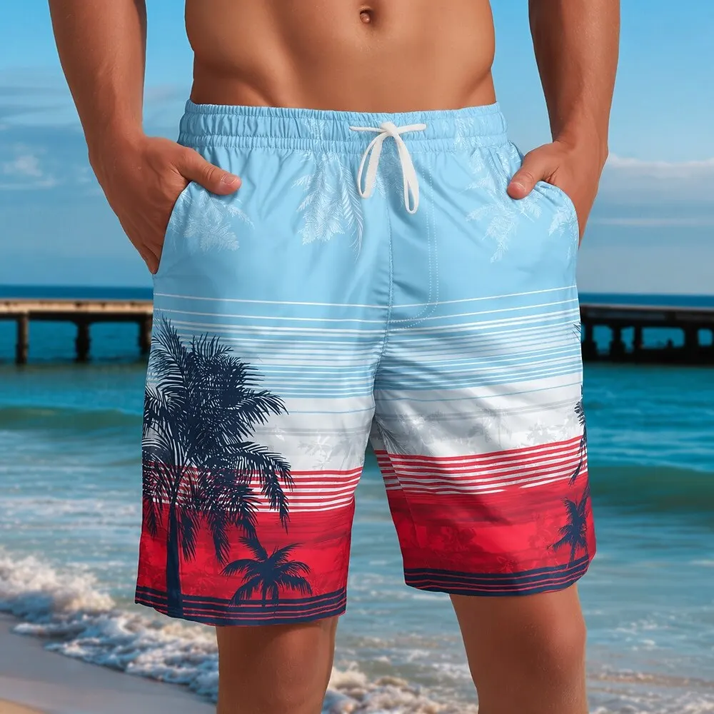 Men's Spring Summer Casual Shorts, Red & Blue Striped Palm Print Drawstring Swim Trunks for Holiday Beach & Casual Wear