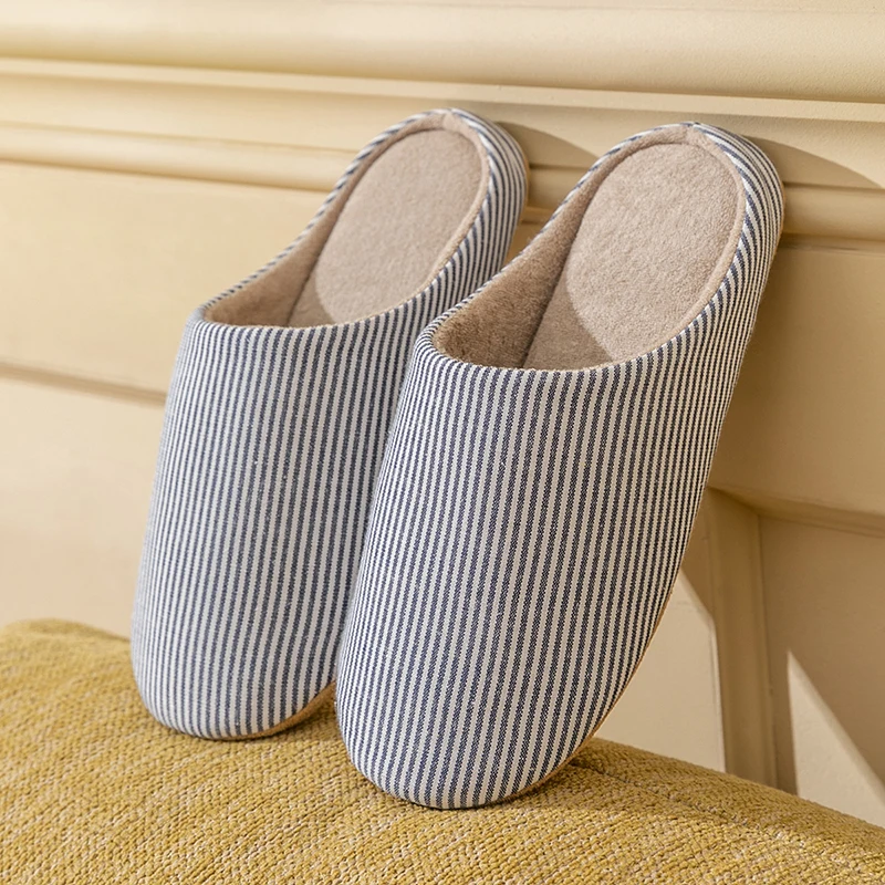 Simple Striped Home Slippers Men's Spring and Autumn Indoor Wooden Floor Bedroom Silent Comfortable Japanese Style Home Shoes