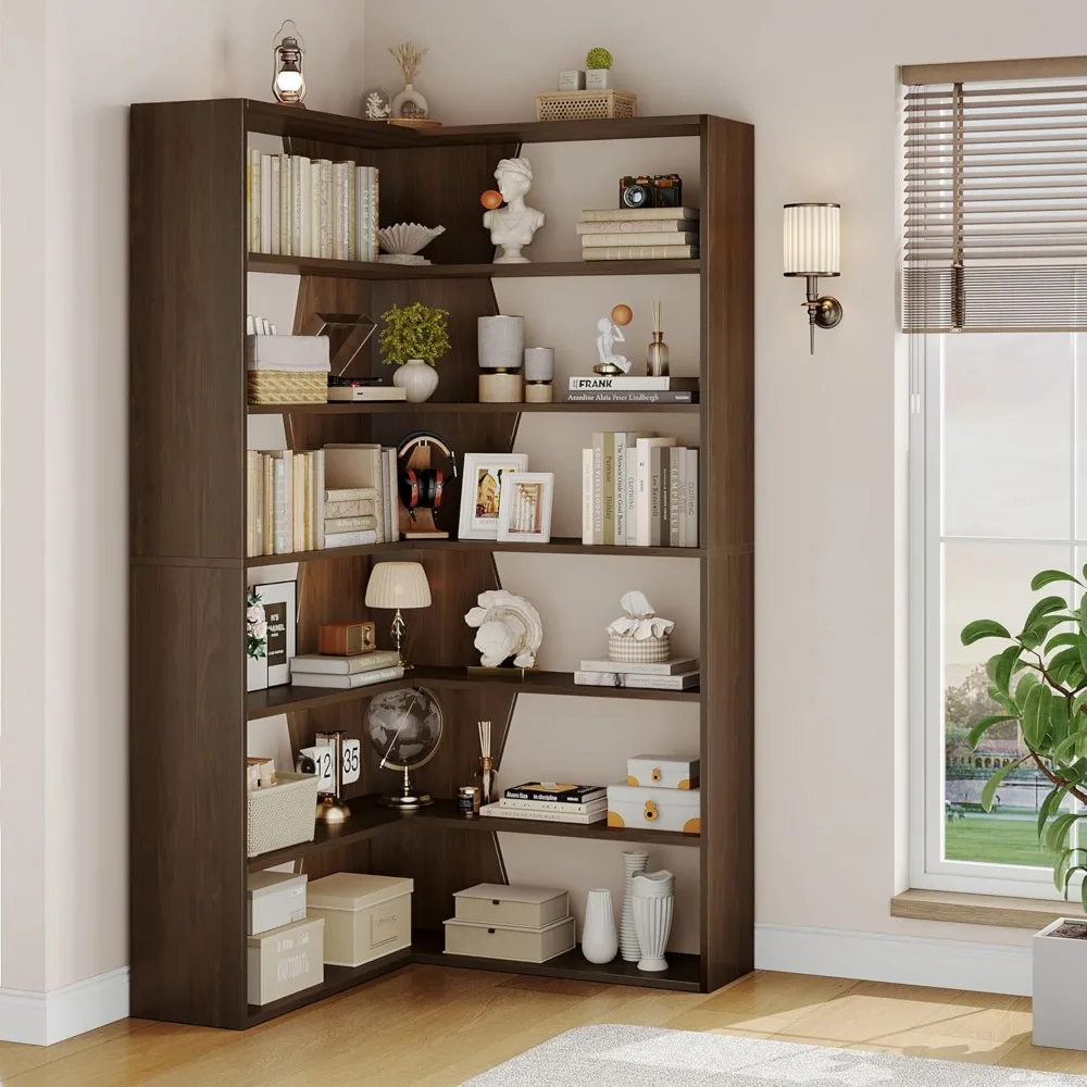 "6-Tier Modern Corner Bookshelf with Open Display Storage for Libraries and Home Offices"