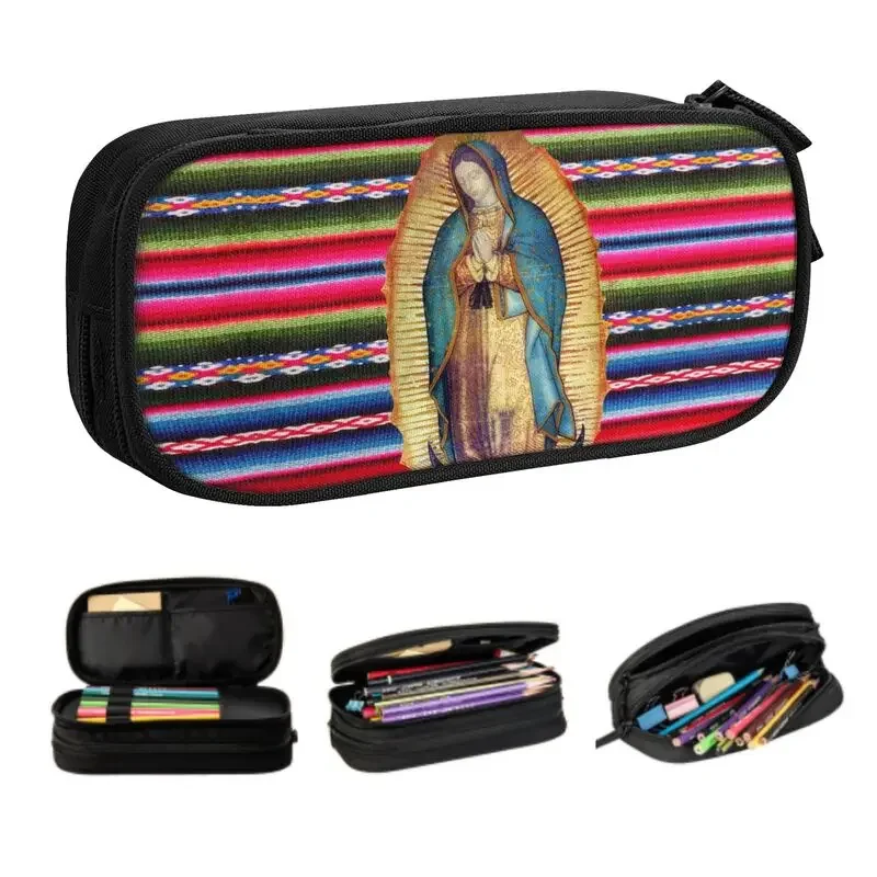 Custom Korean Our Lady Of Guadalupe Virgen Maria Zarape Pencil Cases Virgin Mary Catholic Large Storage Pen Bag Box School