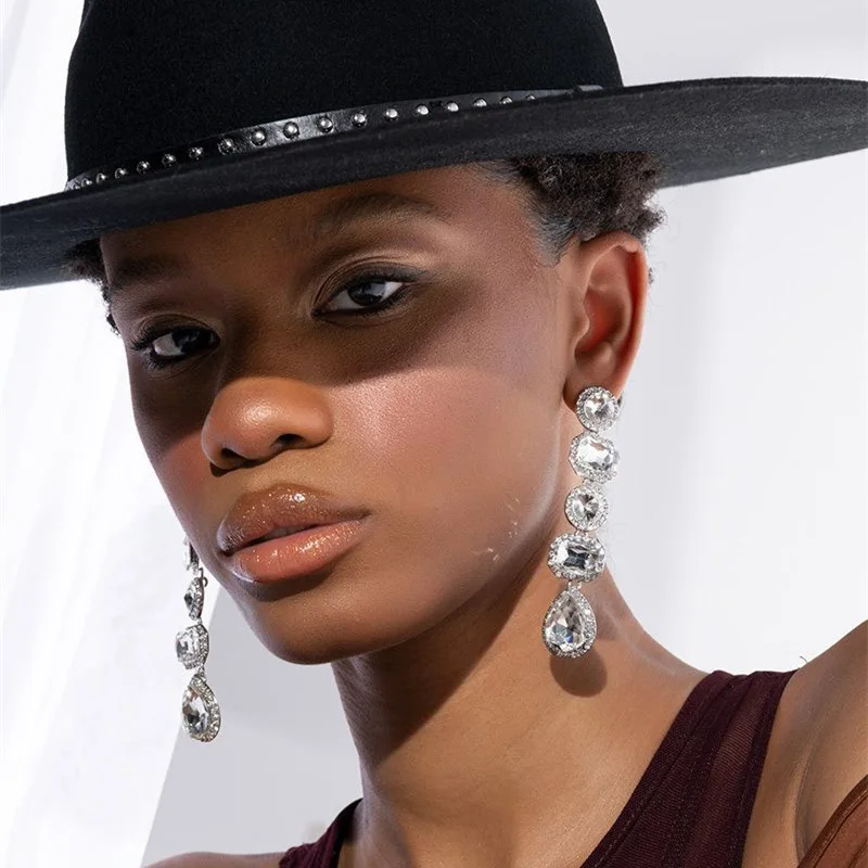 Trendy round zircon crystal earrings catwalk high-end long water drop earrings women's wholesale earrings