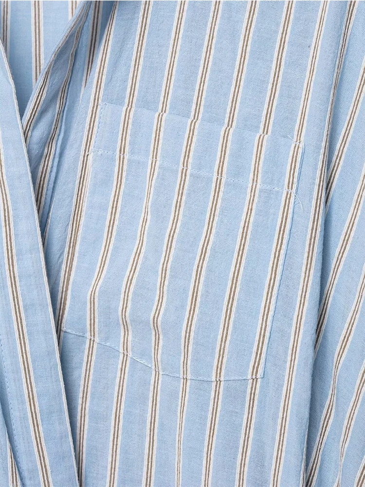 TFMLN Gestreepte Blauwe Shirt Jurk Voor Vrouwen Chic Side Tie Lange Mouw Midi Jurken 2025, Nieuwe Casual Elegante Vrouwelijke Lange Jurk