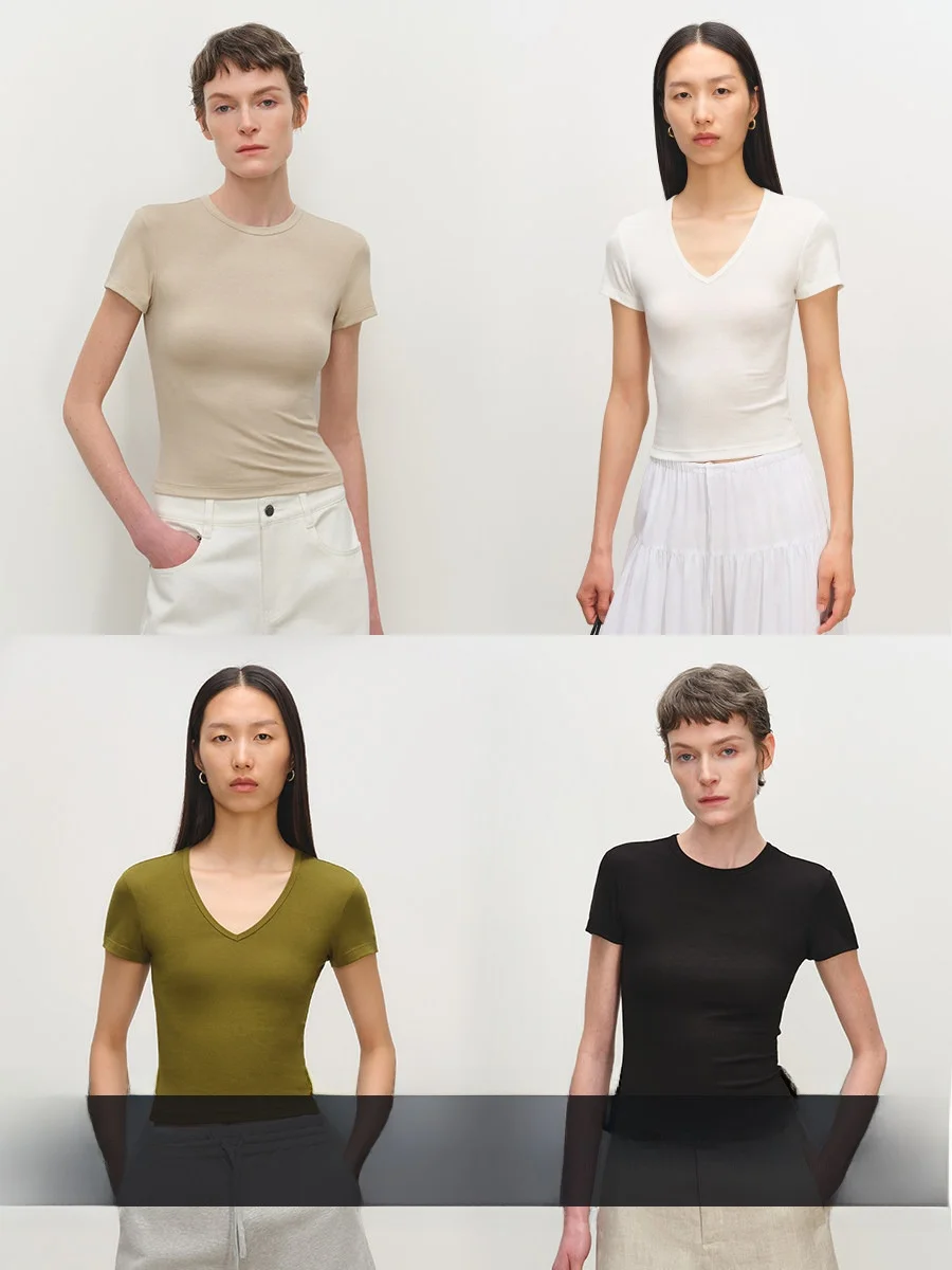 

MSBEAST Versatile "Kendall T" Lightweight Oxygen Acetate Modal Short round V-neck High Elastic Slimming T-shirt Women's Fashion
