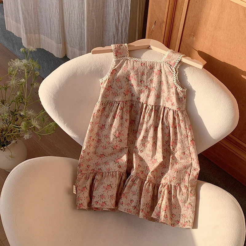 

Girls French Retro Lace Dress 2025 Summer Children's Clothing Korean Floral Temperament Children's Vest Skirt