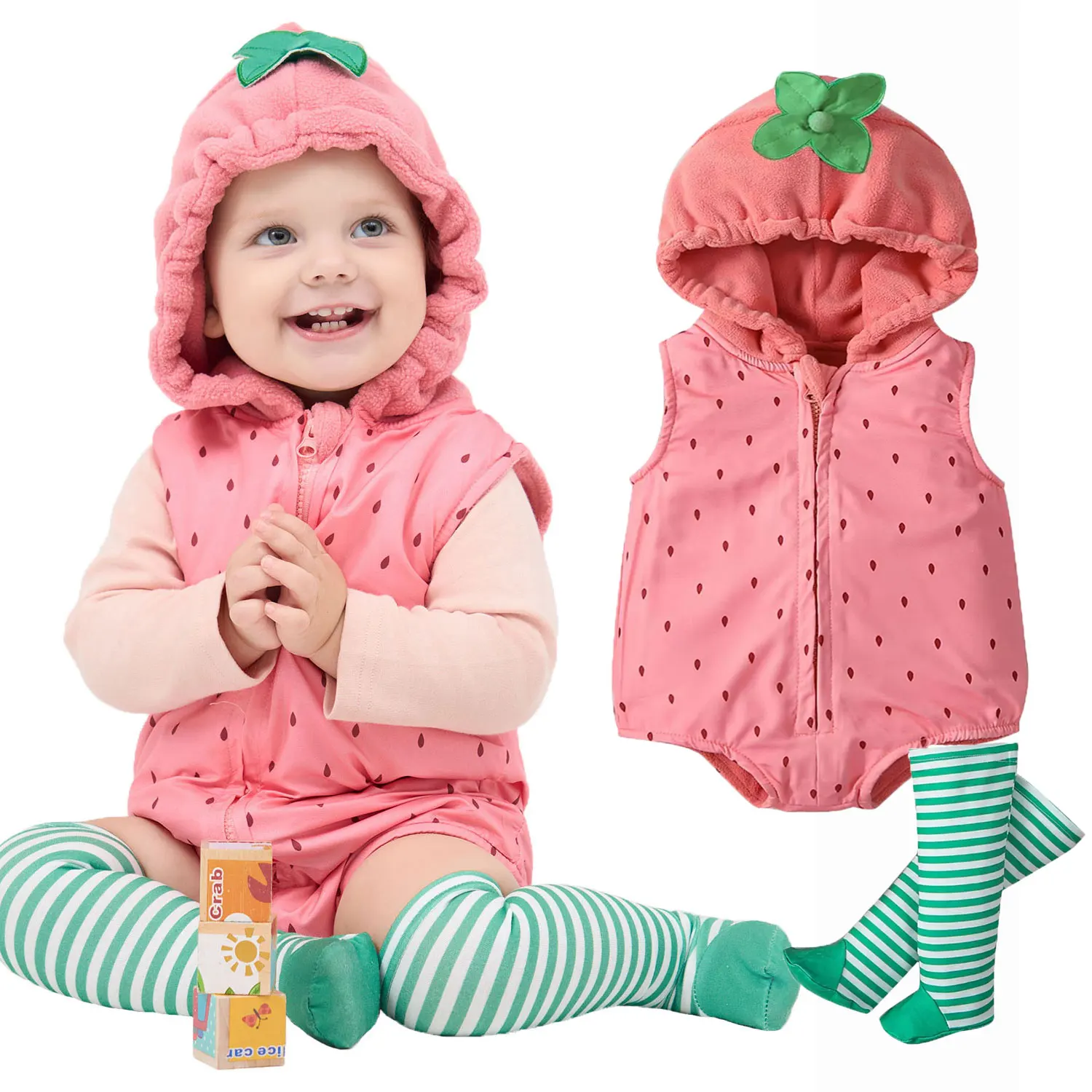 

Umorden Pink Strawberry Costume for Baby Girls 0-6M 6-12M 12-18M Hoodie Sleeveless Romper Bodysuit Stockings 2pcs/set