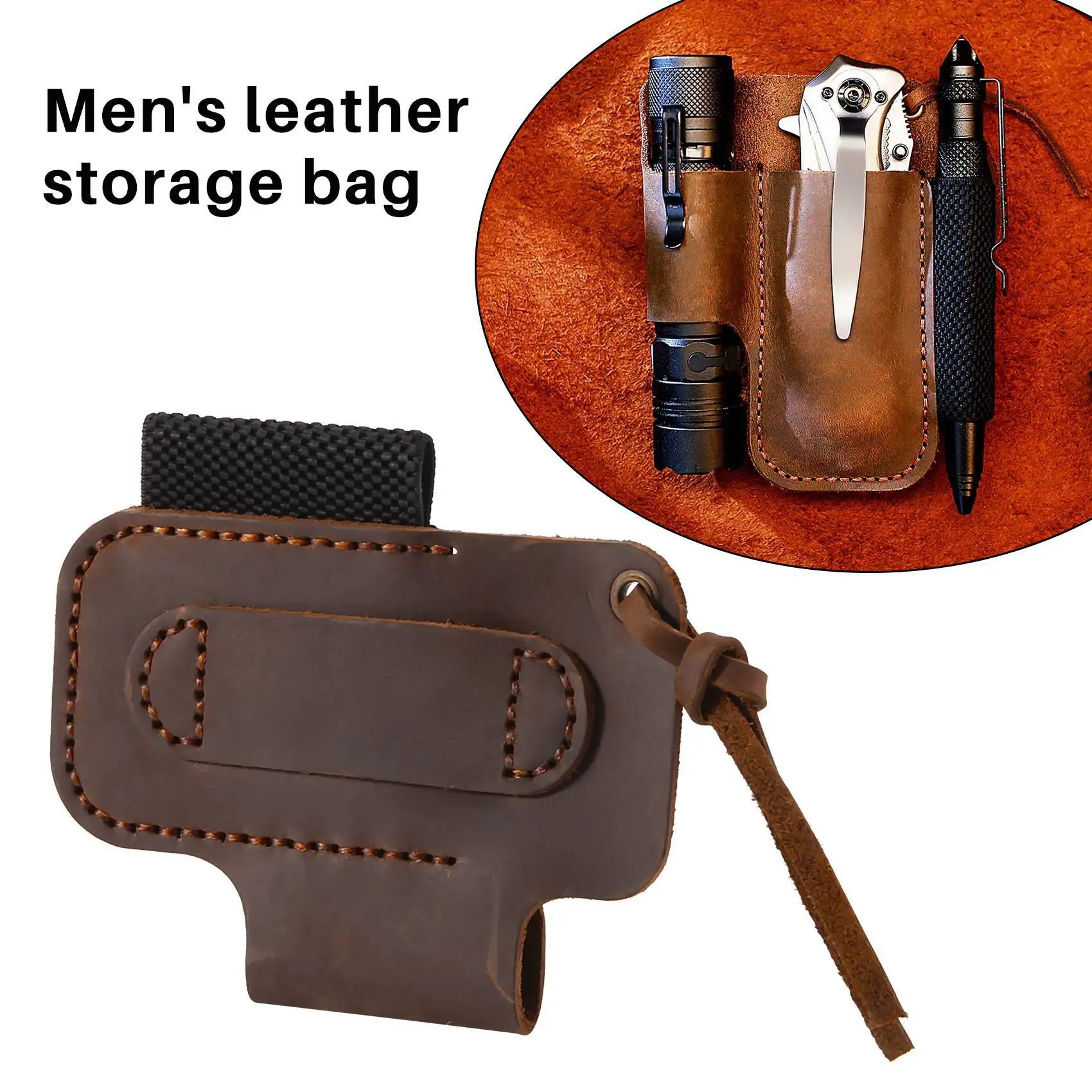 Handmade Leather Sheath Folding Knife Flashlight Holder EDC Tool Brown