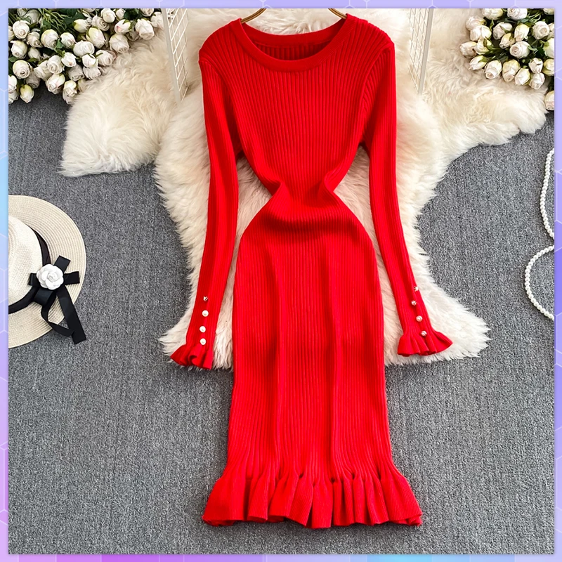 

Woman Mermaid Long Dresses Slim Ruffles Autumn Knitted Midi Sweater Long Sleeve Casual Knee Length Office Winter One-Piece Dress