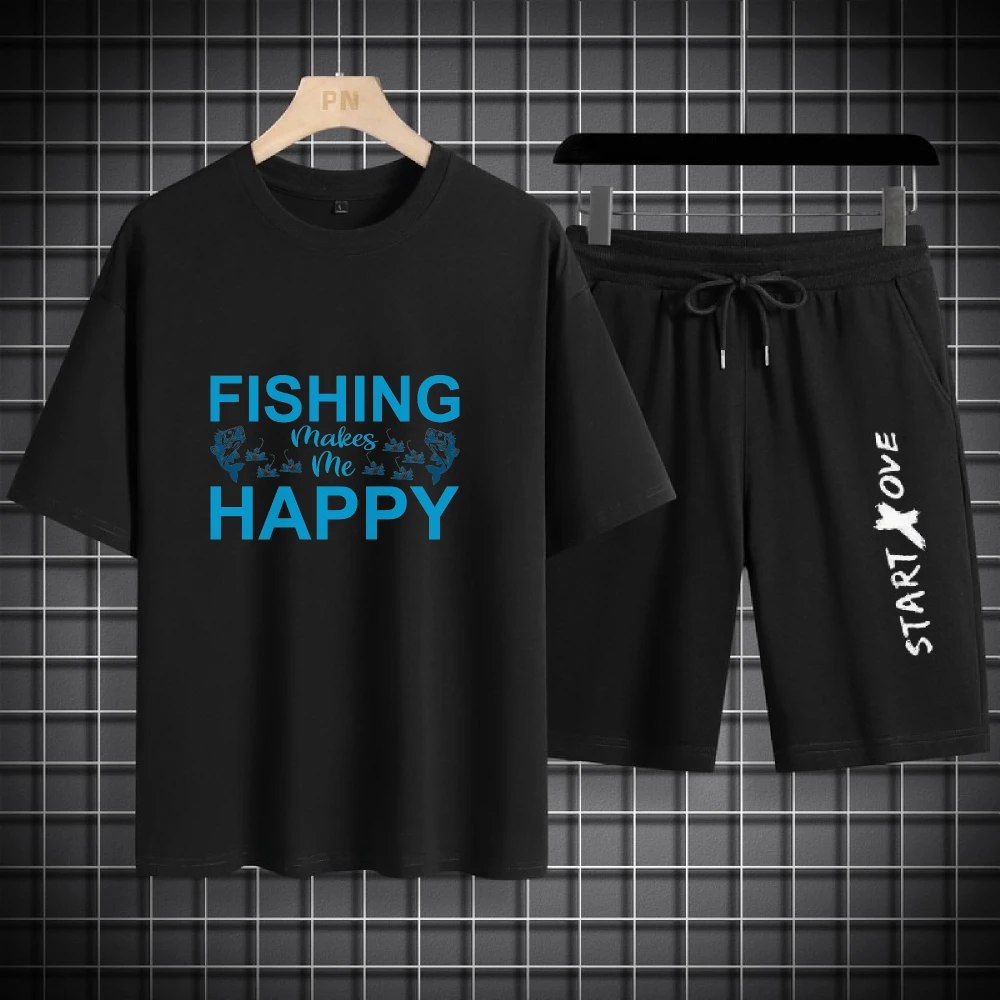

2025 Casual Mens Set Blue English Happy Print Polyester Fiber Sports T-shirts+shorts suits Comfortable luxury men's clothing set