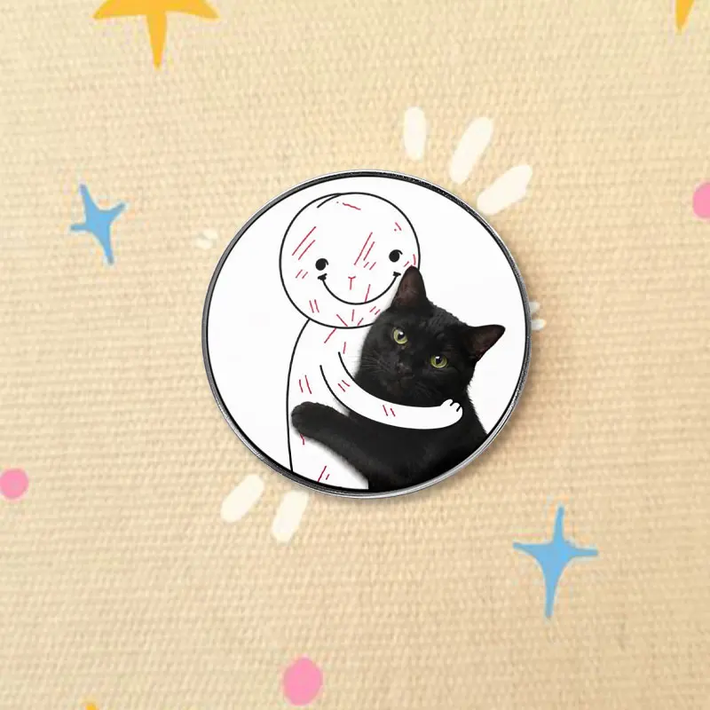 Cute Stick Figure Hugging Black Cat UV Printing Badge TBH Creature Kitten Cartoon Pin Lovely Animal Art Metal Brooch Lapel Gift