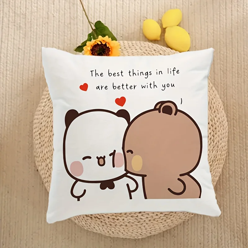 Cute Panda Couple Throw Pillow Cover with Lucky Message, Zipper Closure, Machine Washable, Gift for Couples Home Decor