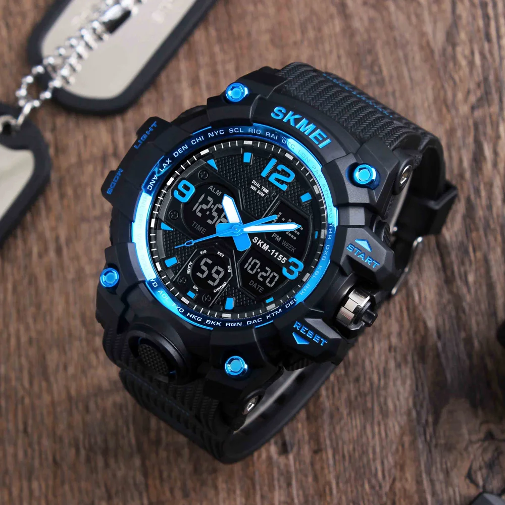 SKMEI 1155B Wristwatch Military Digital Watch 5Bar Waterproof Dual Time Display Sport Timer Clock Shower Sweat Hand Washing Time