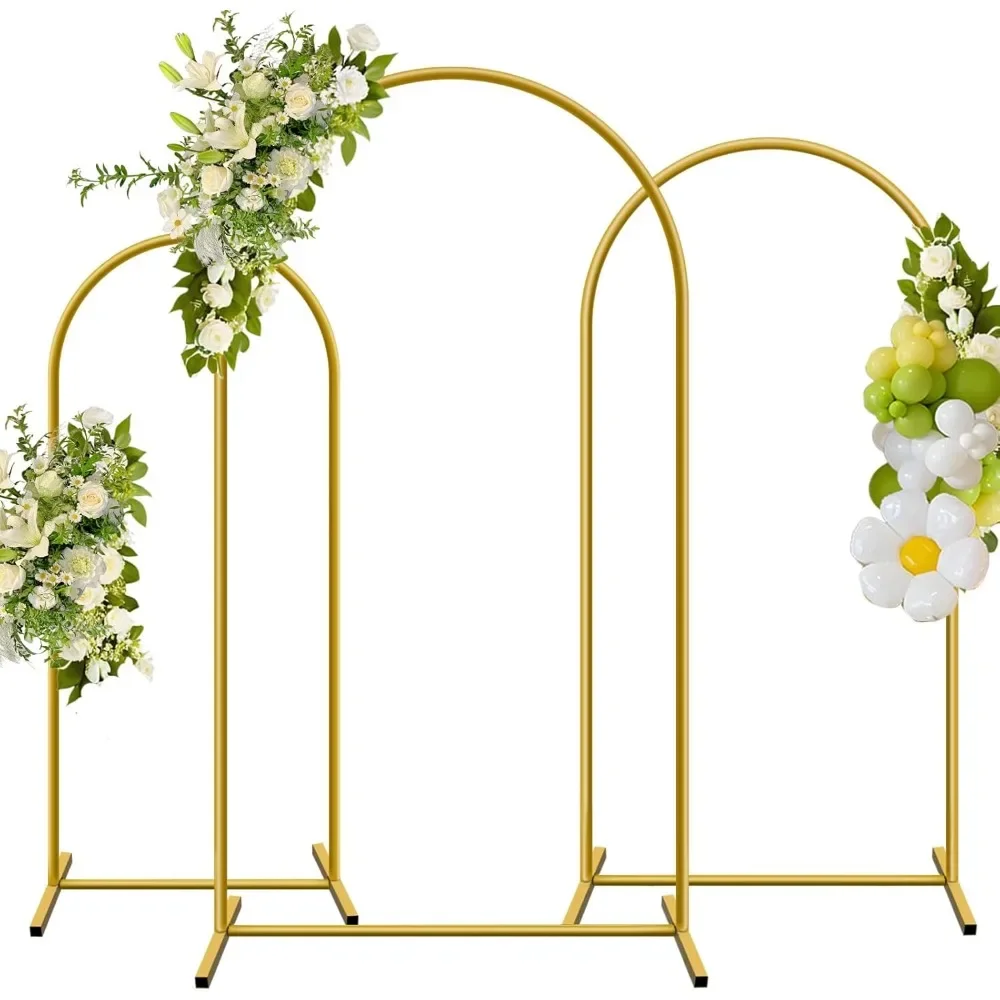 

3-Size Gold Metal Arch Backdrop Stand Set Wedding Photo Booth Frame with Ground Nails for Party Decor