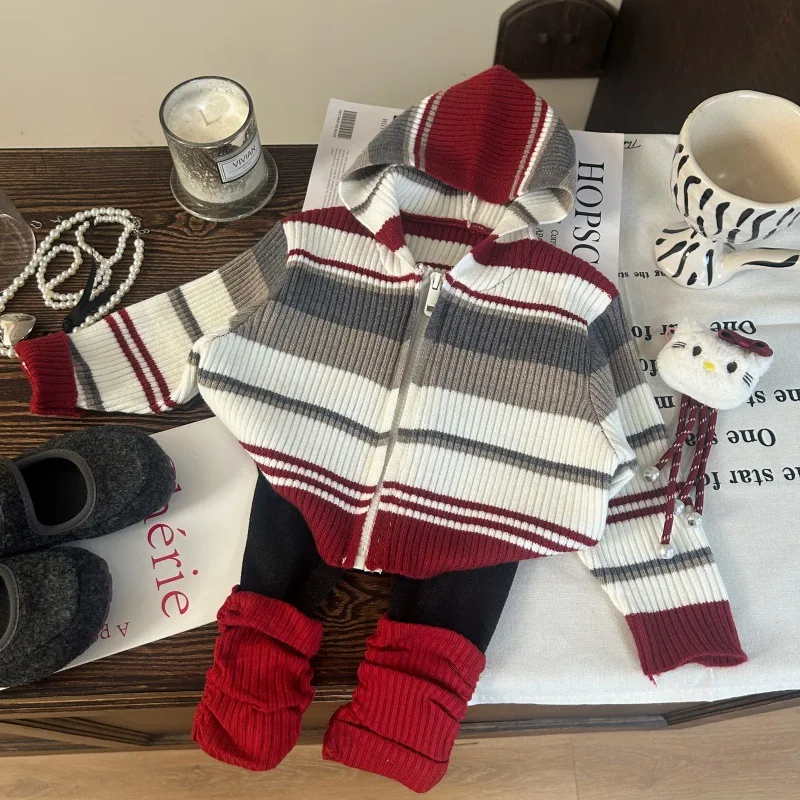 

Children Girls Clothes Set 2025 Autumn Knitting Hooded Toddler Kids Girls Zipper Sweater Ins Casual Teenager Girls Leggings