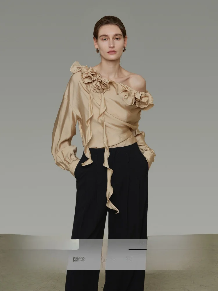 

Женская модная блузка Ele Satin Trim с атласной отделкой на плечах, весна 2026, новая модель, свободный крой, длинный рукав, удобная, дышащая