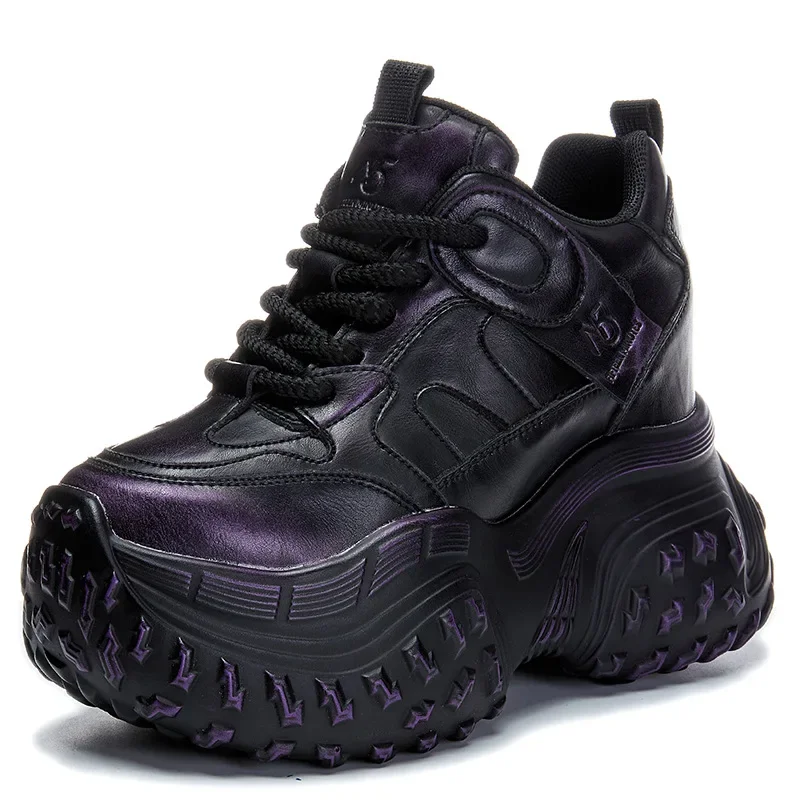 

High quality 12CM Genuine Leather Chunky Sneakers Platform Wedge 2025 Spring Shoes Ankle Booties Women Vulcanize Fashion Autumn