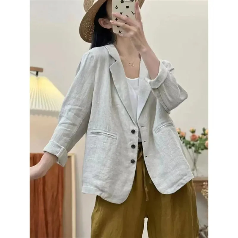 سترة نسائية للخريف بلون سادة أنيقة OL للعمل بأكمام طويلة ورقبة على شكل طية صدر السترة ملابس خارجية من القطن سترات فضفاضة #4