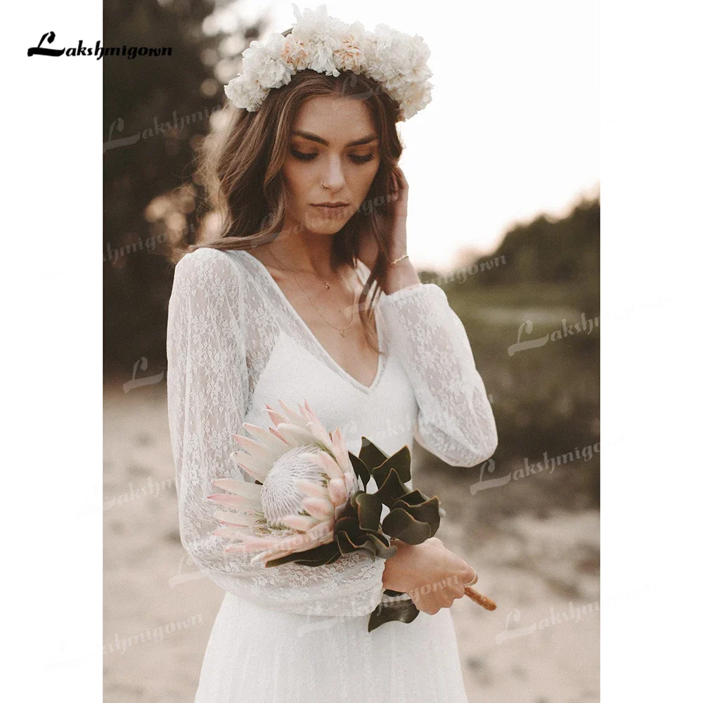 2025 Beach V Neck Full Cap Sleeve Lace A Line Wedding Dress Boho Bridal Gowns Sweep Vestidos De Novia Robe De Mariée