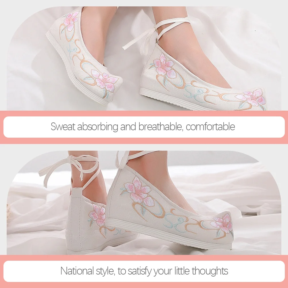 

1 Pair Hanfu White Embroidered Design Cotton Canvas Female Silk Shoes For Dance Performance Chinese Retro Ethnic Slope-Heel