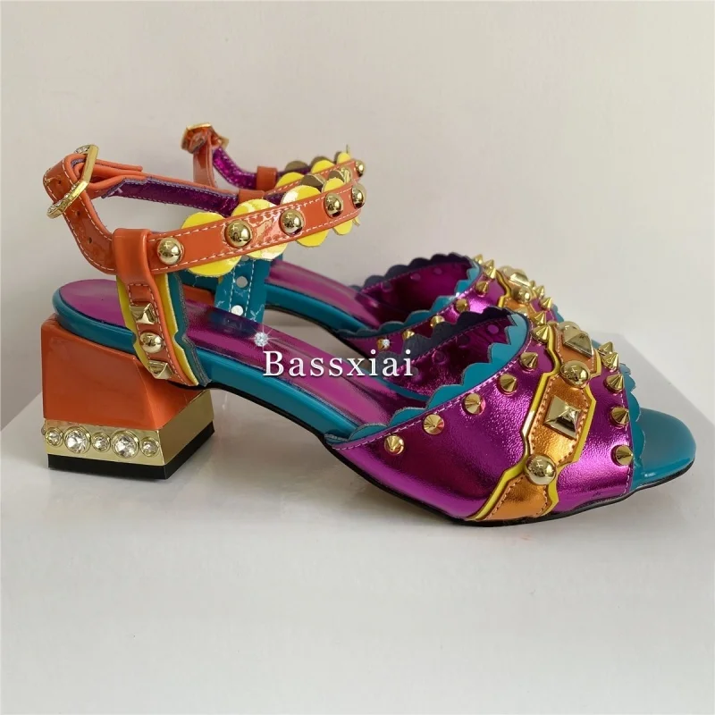 Luxury Rivet T-Strap Sandals Women Jeweled Crystal Square Heel Genuine Leather Mixed Color Party Shoes Summer view 2