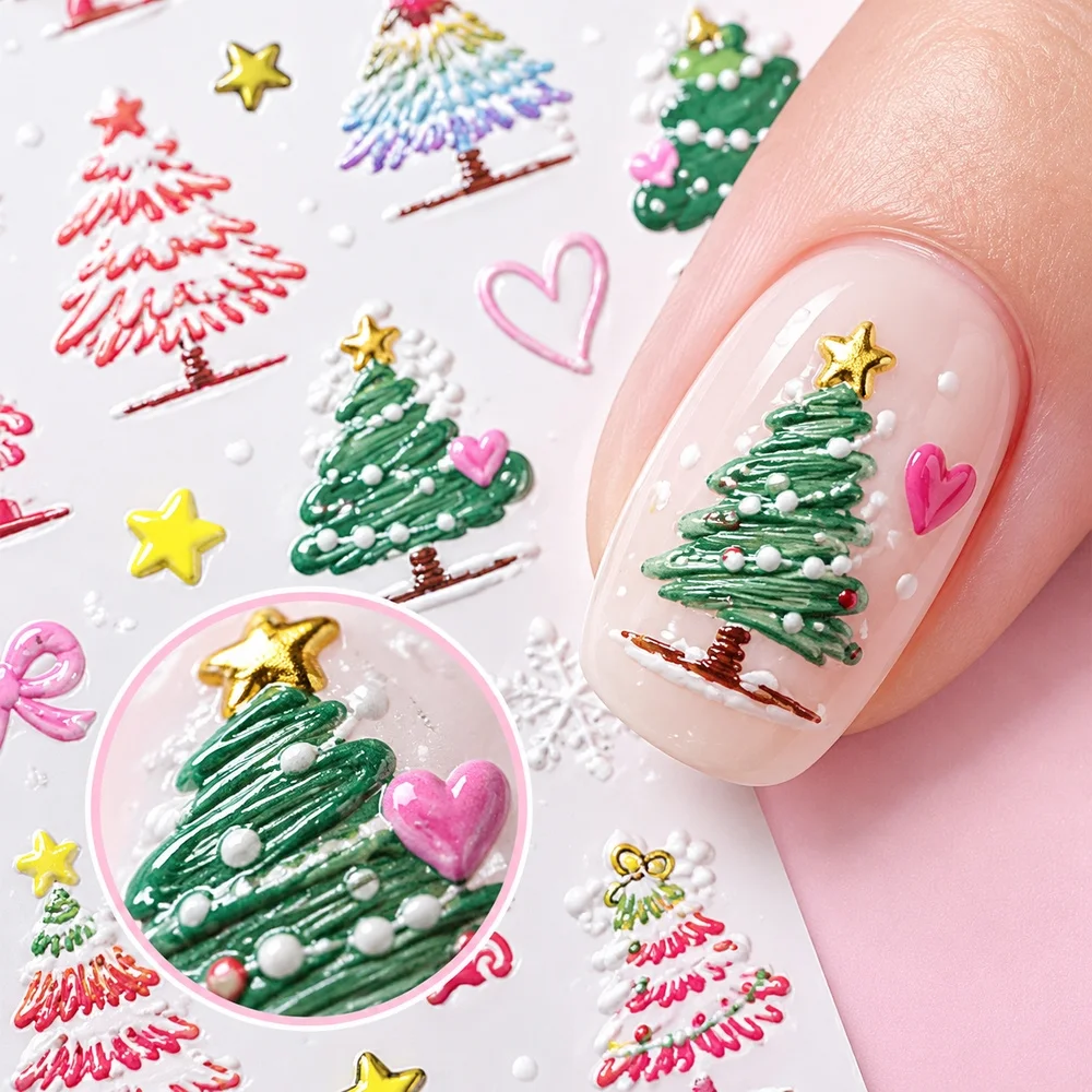 1Pc 5D Embossed Christmas Nail Art Stickers Self Adhesive Xmas Tree Decals Sliders Acrylic Nails Manicure Salon Beauty Supplies