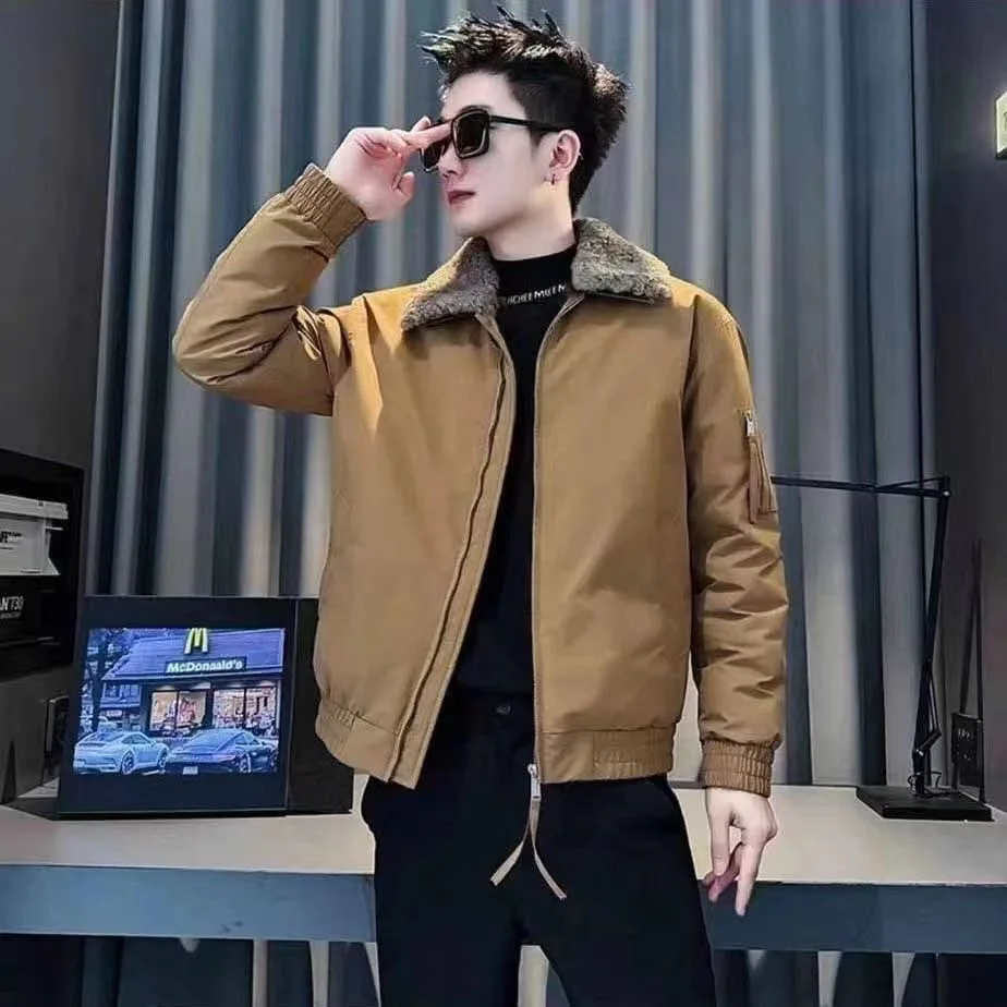 

Winter New Sle Men's Thiened Casual Cotton Jaet Removable Fur Collar Versatile Warm Turn-down Collar Trendy Outerwear