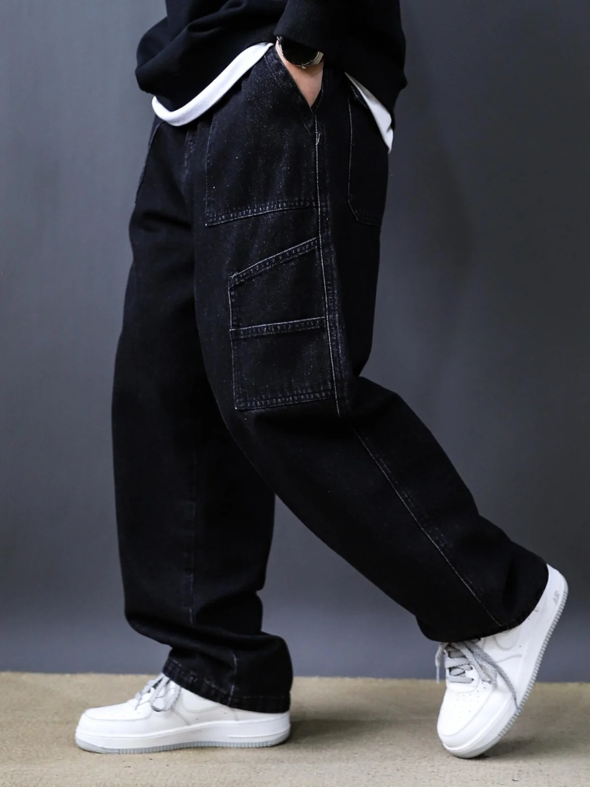 

Autumn Winter Men's Wide Leg Jeans Straight Tube Denim Color Stitching Workwear Casual Trousers mid Waist Long Pants