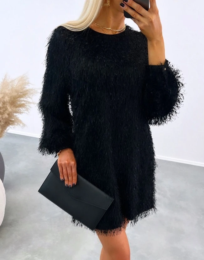 

Elegant and Pretty Women's Dresses 2023 Winter New Fashion Round Neck Loose Fluffy Long Sleeves Casual Dress Female Clothing