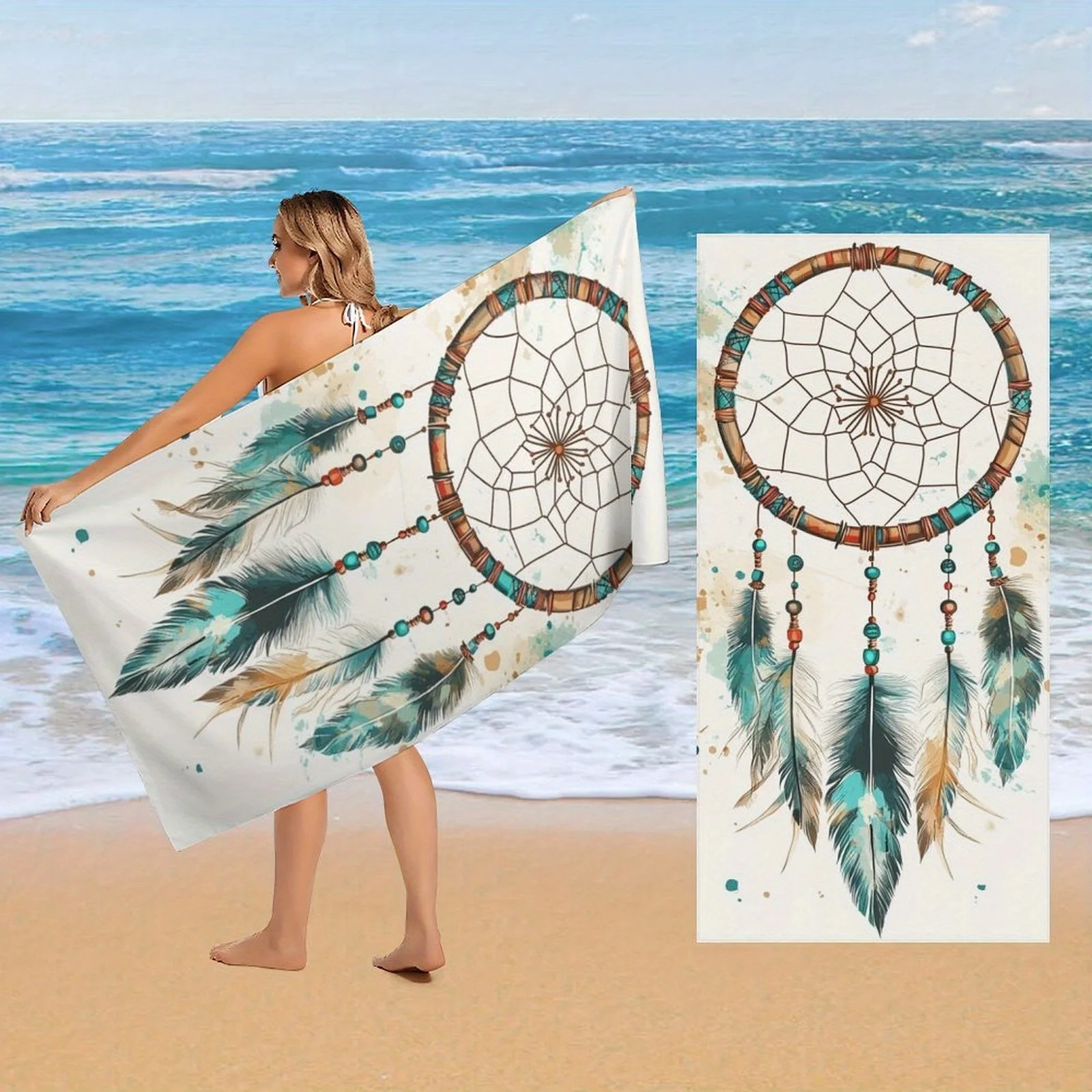 Large Quick-Dry Beach & Sport Towel - Super Absorbent Bath Towel with Turquoise/Beige Dreamcatcher Feather Design, Lightweight