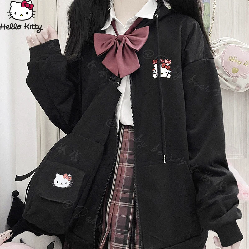 Hello Kitty Hooded Coat for Girl Sanrio Kuromi Cinnamoroll Anime Kawaii Hoodie Cotton Autumn Zipper Coat Loose Student Sweet