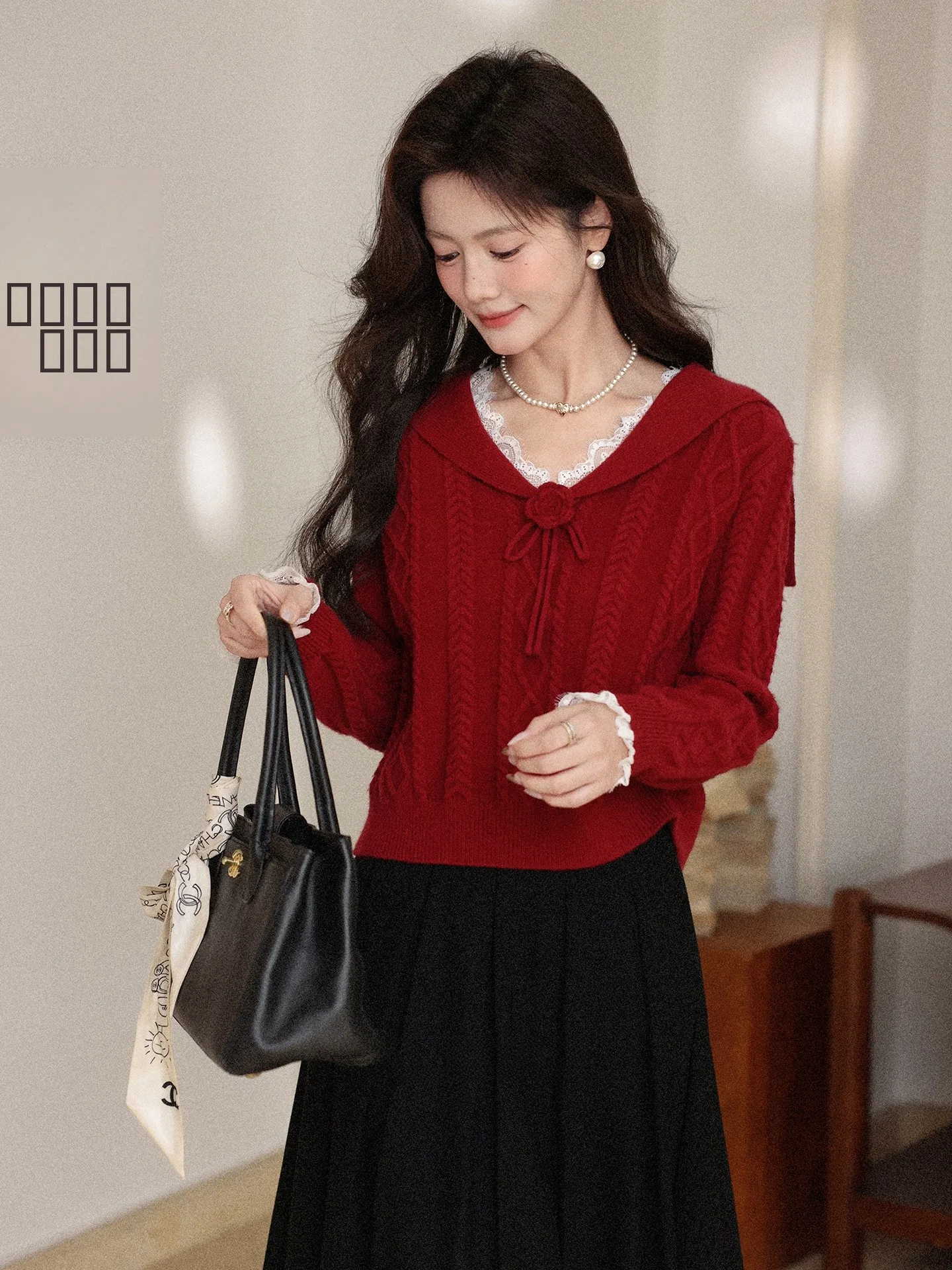 

Red Knitted Sweater Women's Autumn Design Sense College Sle Twist Pattern Knitwear Loose Fit Long Sve Navy Collar Sweater