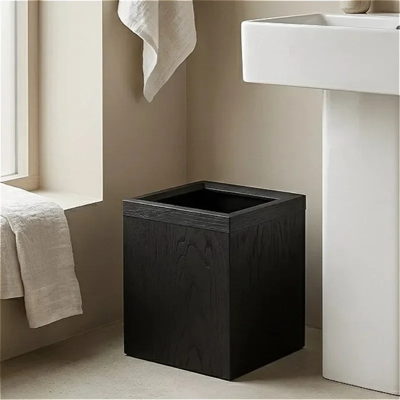 Solid Wood Trash Can Portable Movable Rectangular Bathroom Trash Cans Minimalist Creative Waste Bins Household Wastes Bins