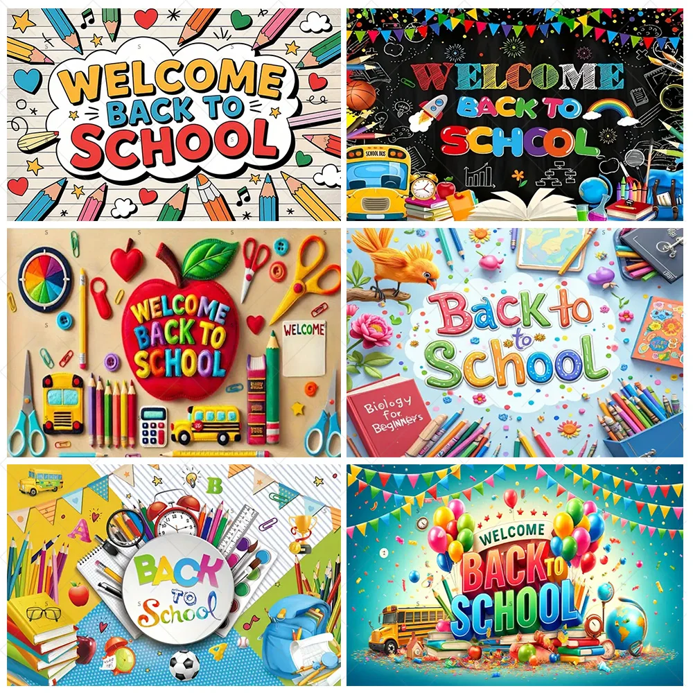 

Welcome Back to School Theme Backdrop Supplies Colorful Pencil Chalk Blackboard Classroom Decor Background Banner Photo Studio