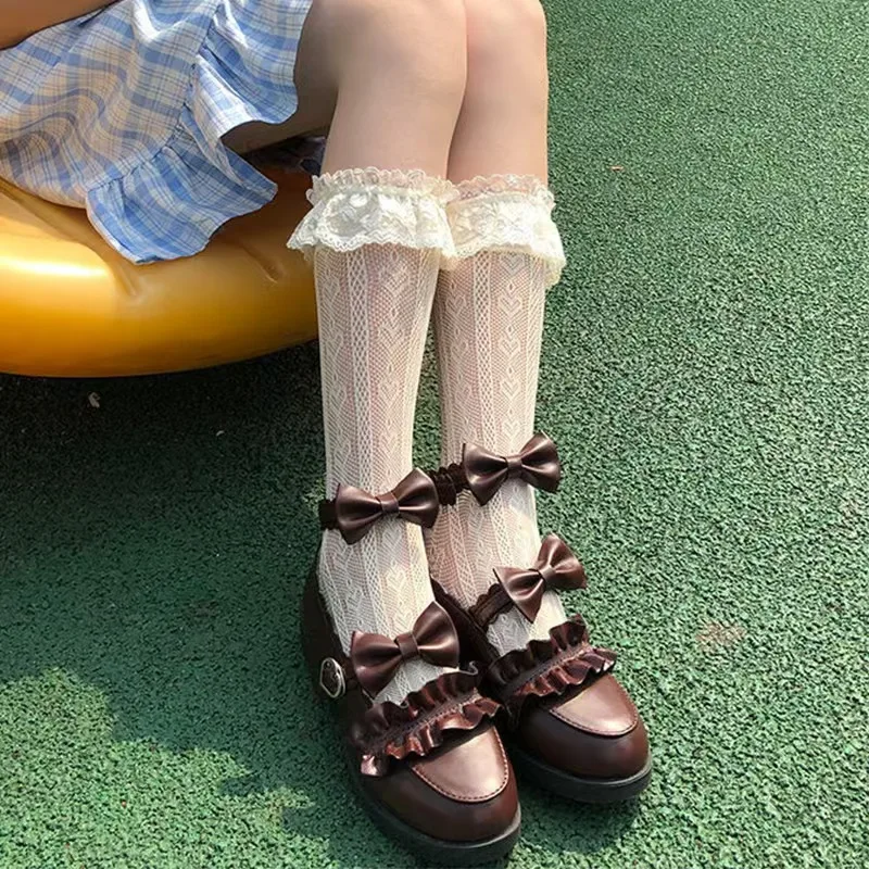 Beige Knee-high Socks Women's Lolita Lace Heart Mesh Hosiery，Stockings for Short Skirts During Pregnancy Japanese Preppy Style