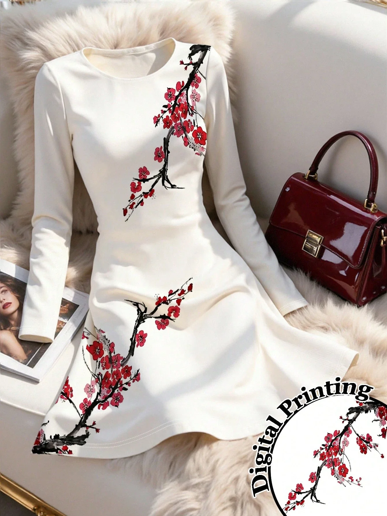 

Элегантное короткое платье с цветочным принтом и зауженной талией для женщин, весна-осень