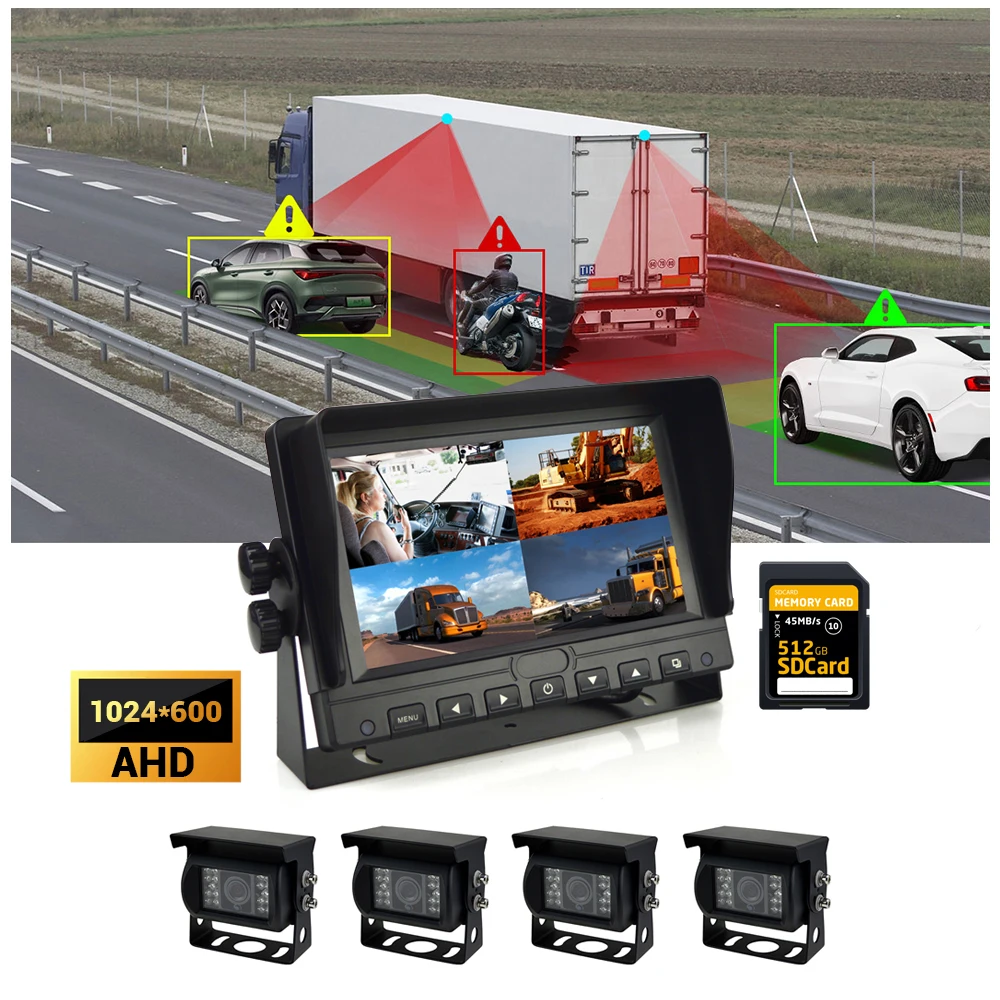 7-inch Truck/car Four-way Split IPS 360 Camera DVR Display Camera System 1080P/720P NTSC/PAL Adjustable IPS Display