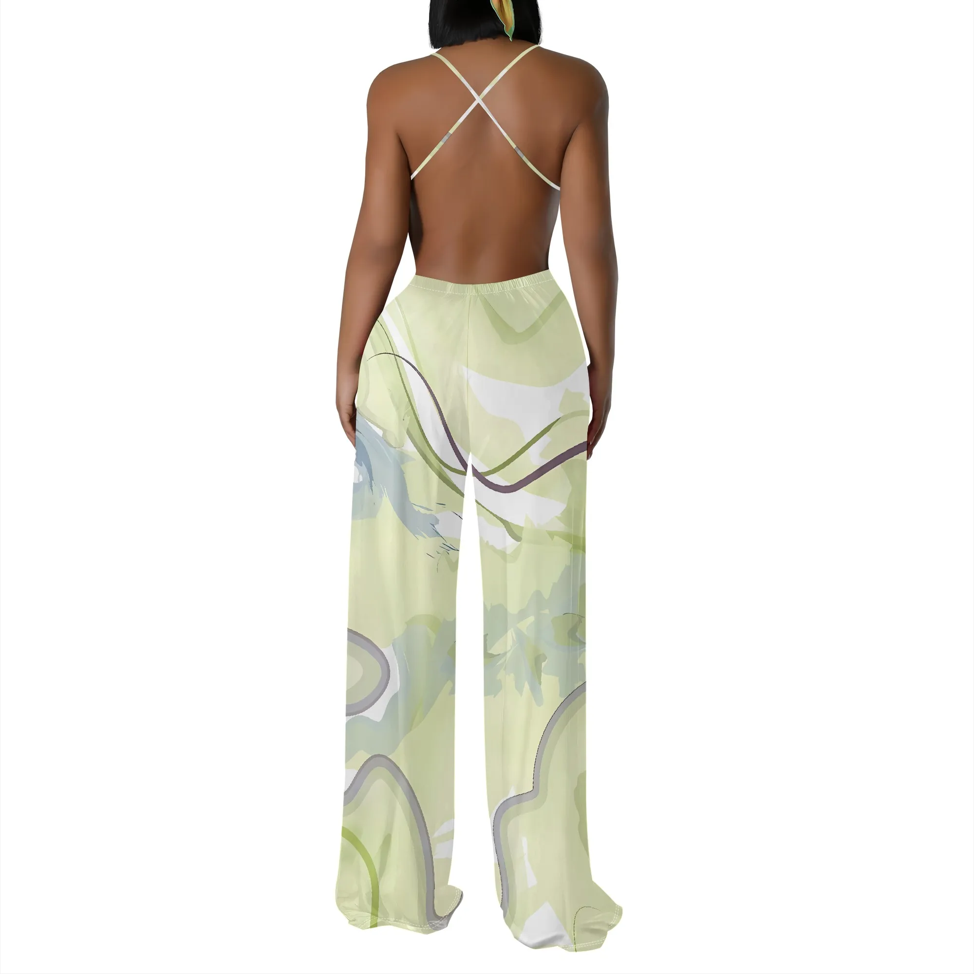 Nupusa Combinaison imprimée abstraite pour femme, tenue d'été décontractée, bretelles spaghetti, jambe large