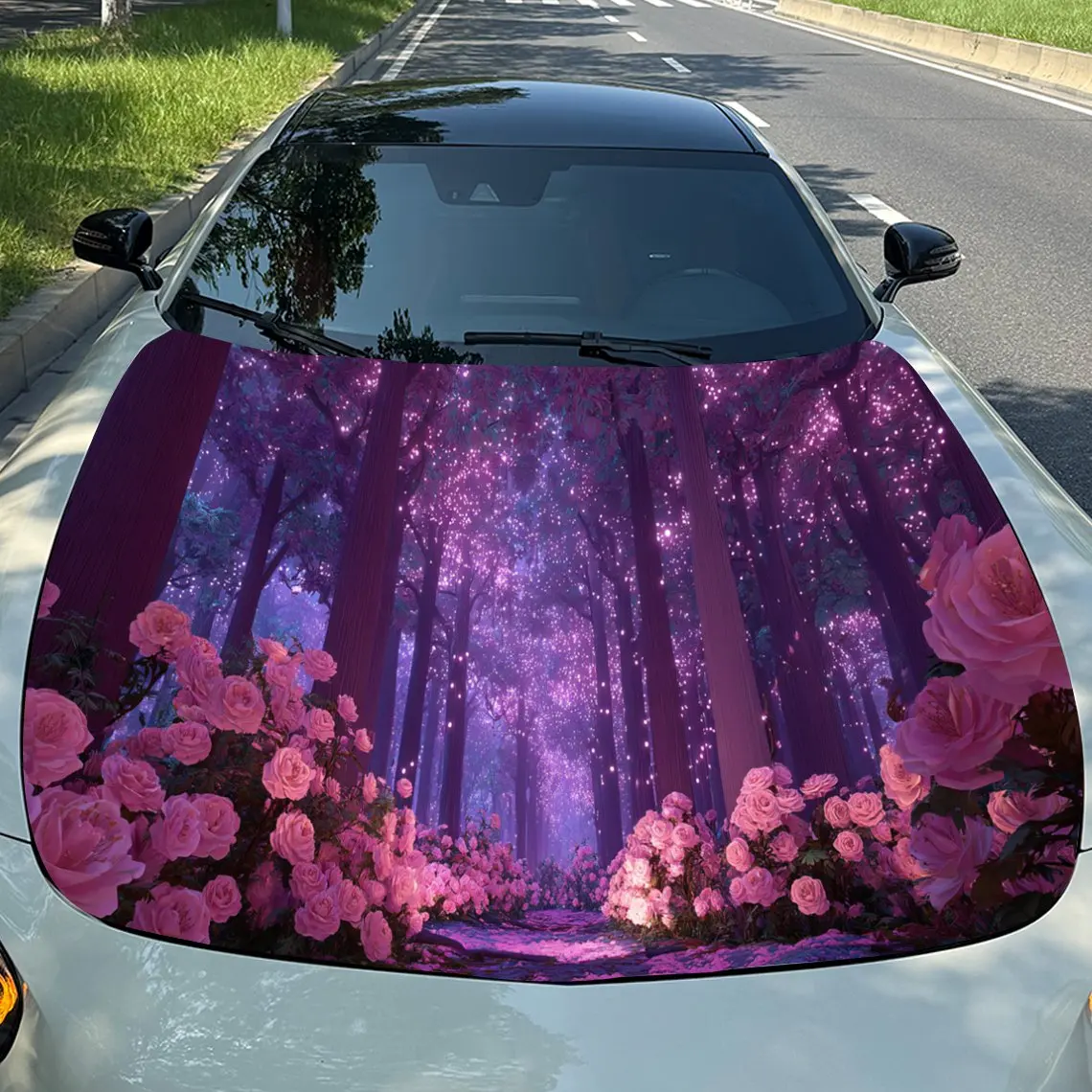 

Fantasy Rose Woodland Thrill PVC Car Engine Hood Vinyl Wraps, Self-Adhesive Waterproof Car Hood Decal Sticker, Car Decoration P