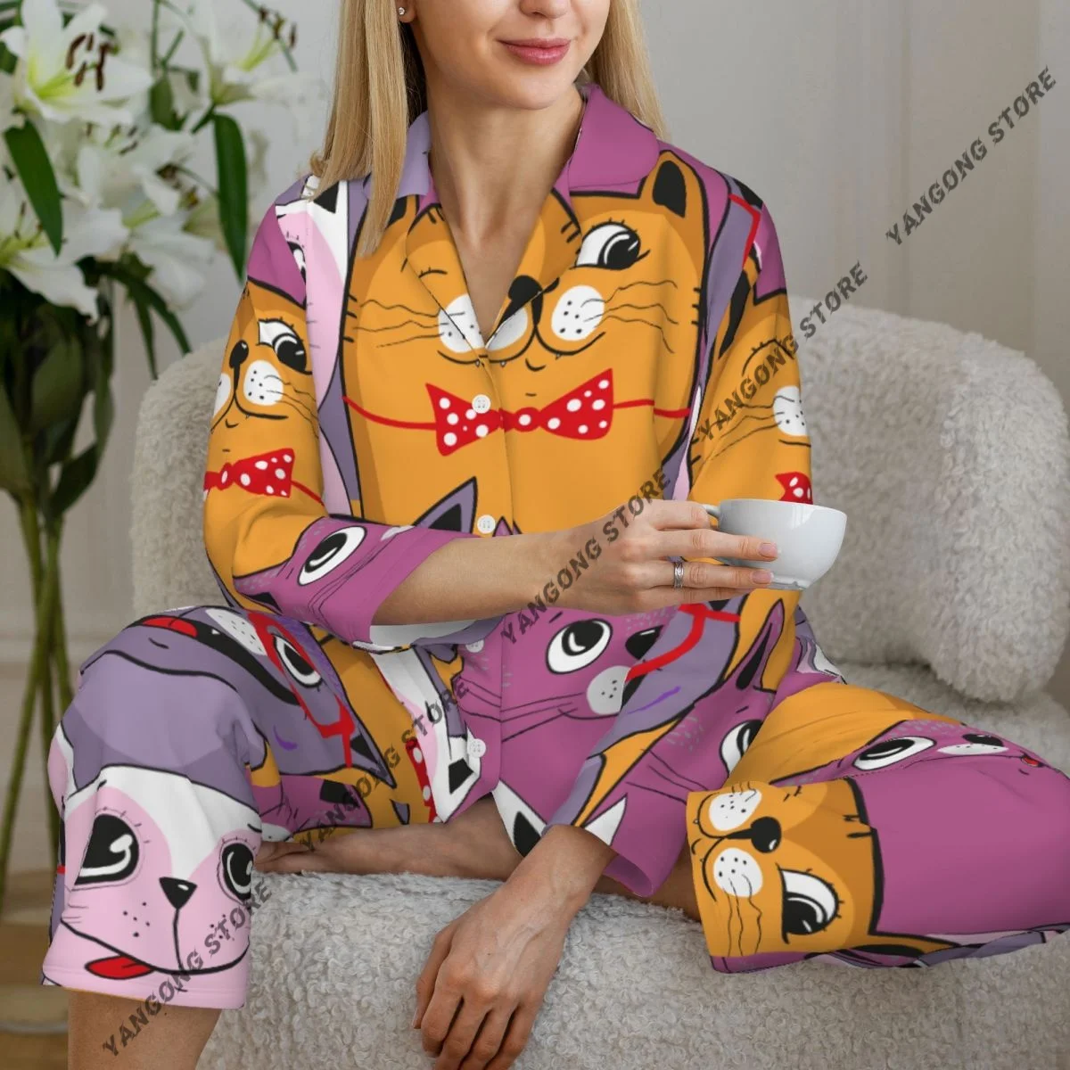 

Spring and Autumn Long Sleeve Pants Pajamas Loungewear Set Colorful Cute Cats Women's Pull Edge Loose Sleeping Suit