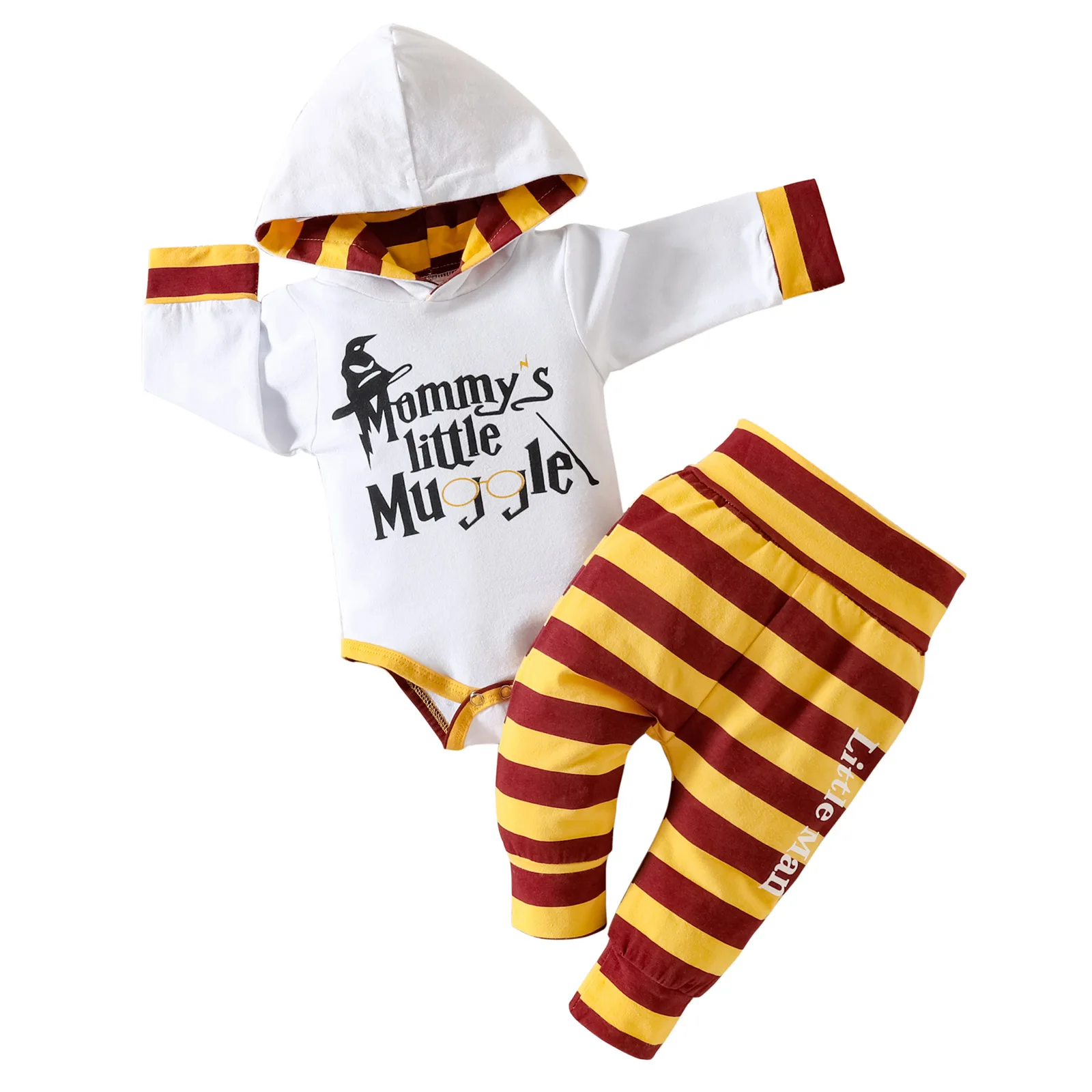 Ins Spring Autumn 2023 Baby Boys 2PCS Clothes Set Cotton Hooded Letter Long Sleeve Rompers Striped Pants Suit Infant Boys Outfit