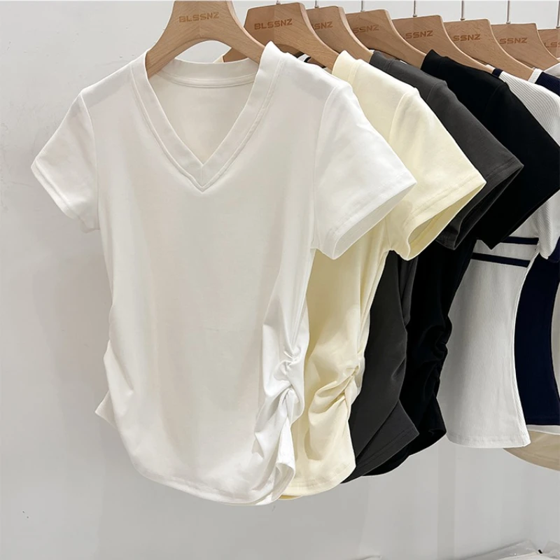 AOSSVIAO Women Short Sleeve T-shirts Casual V-Neck Solid Slim Tee Summer 2025 Simple Versatile T Shirt Female Y2K Tops Clothes