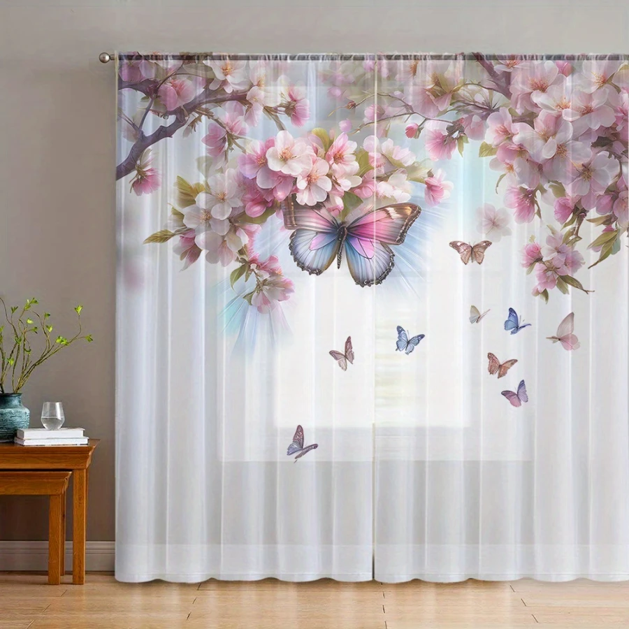 2 rideaux transparents à impression numérique, motif ombres de papillons parmi des fleurs de cerisier, décoration florale japonaise élégante et mystérieuse