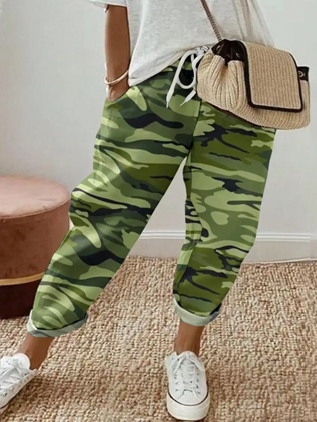 女性のファッションプラスサイズ 1XL-5XL プリントフラワーパンツレディースカジュアル快適なルーズポケットパンツカジュアルミッドウエストハーレンパンツ