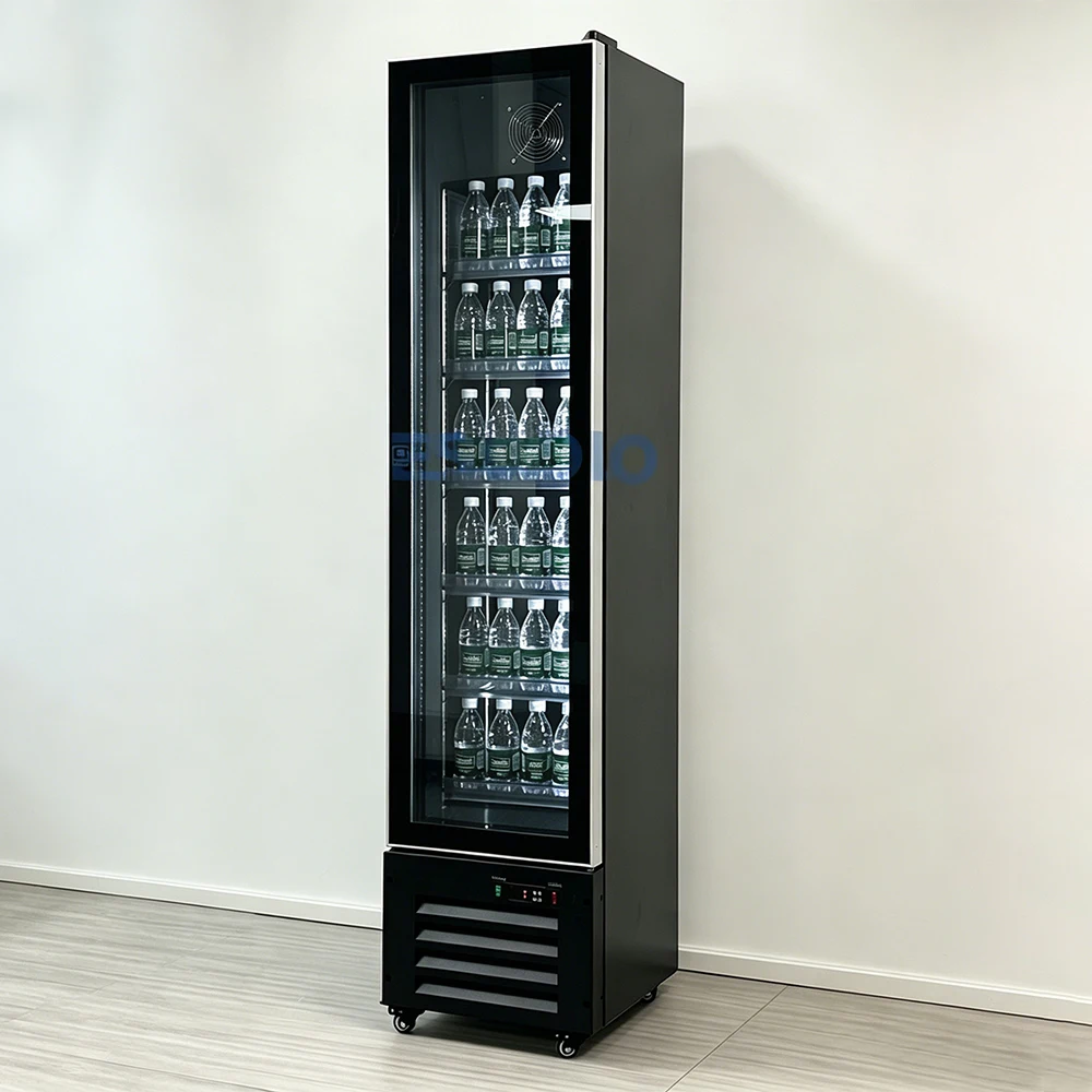 Vertical Slim Fridge Glass Door Energy Drink Beverage Display Cooler Commercial Refrigerator with Compressor