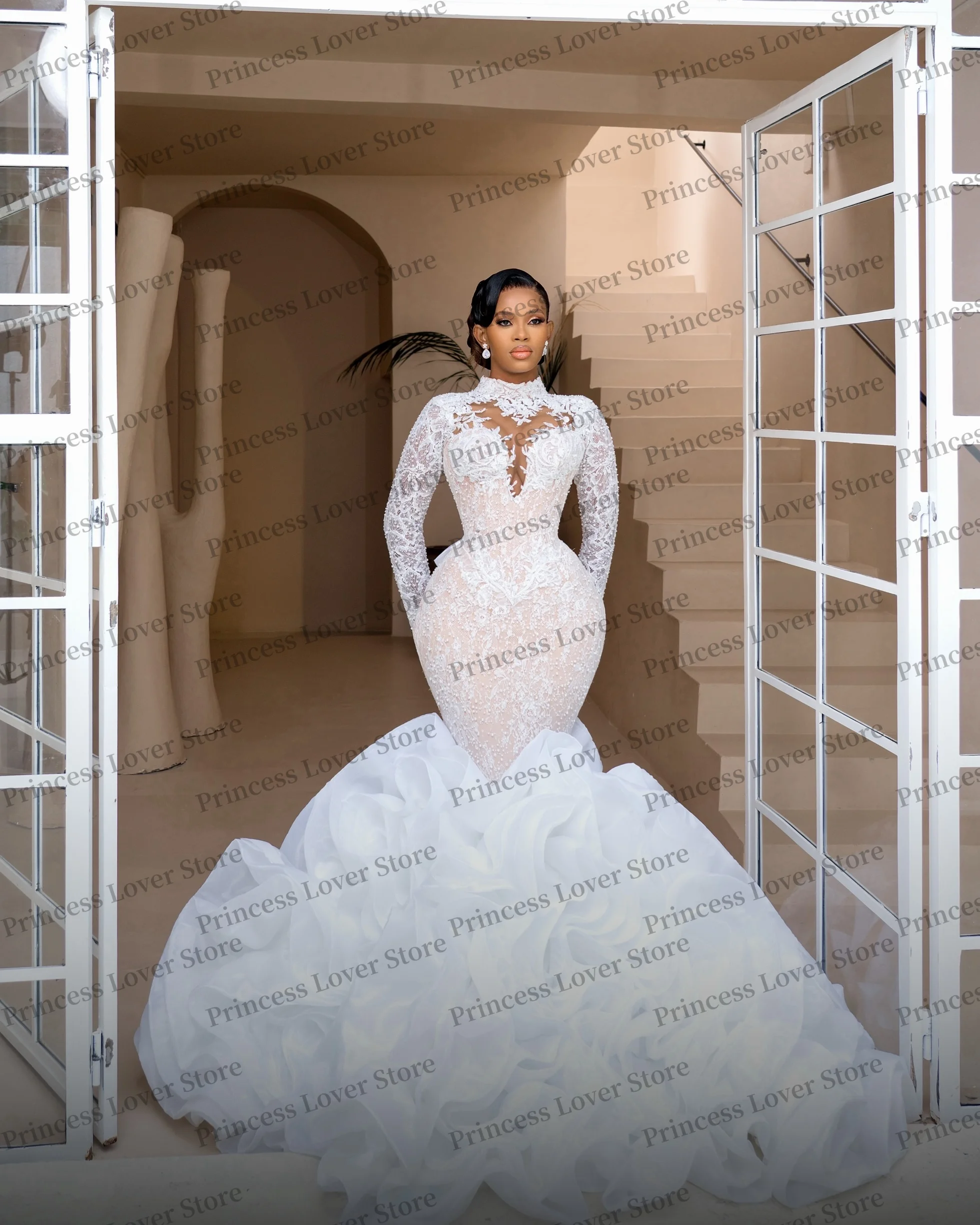 Exquisite Mermaid Wedding Dresses Tiered Ruffles Long Sleeve Lace Beaded Bridal Gown Lined Trumpet Luxury Party Dress Customized